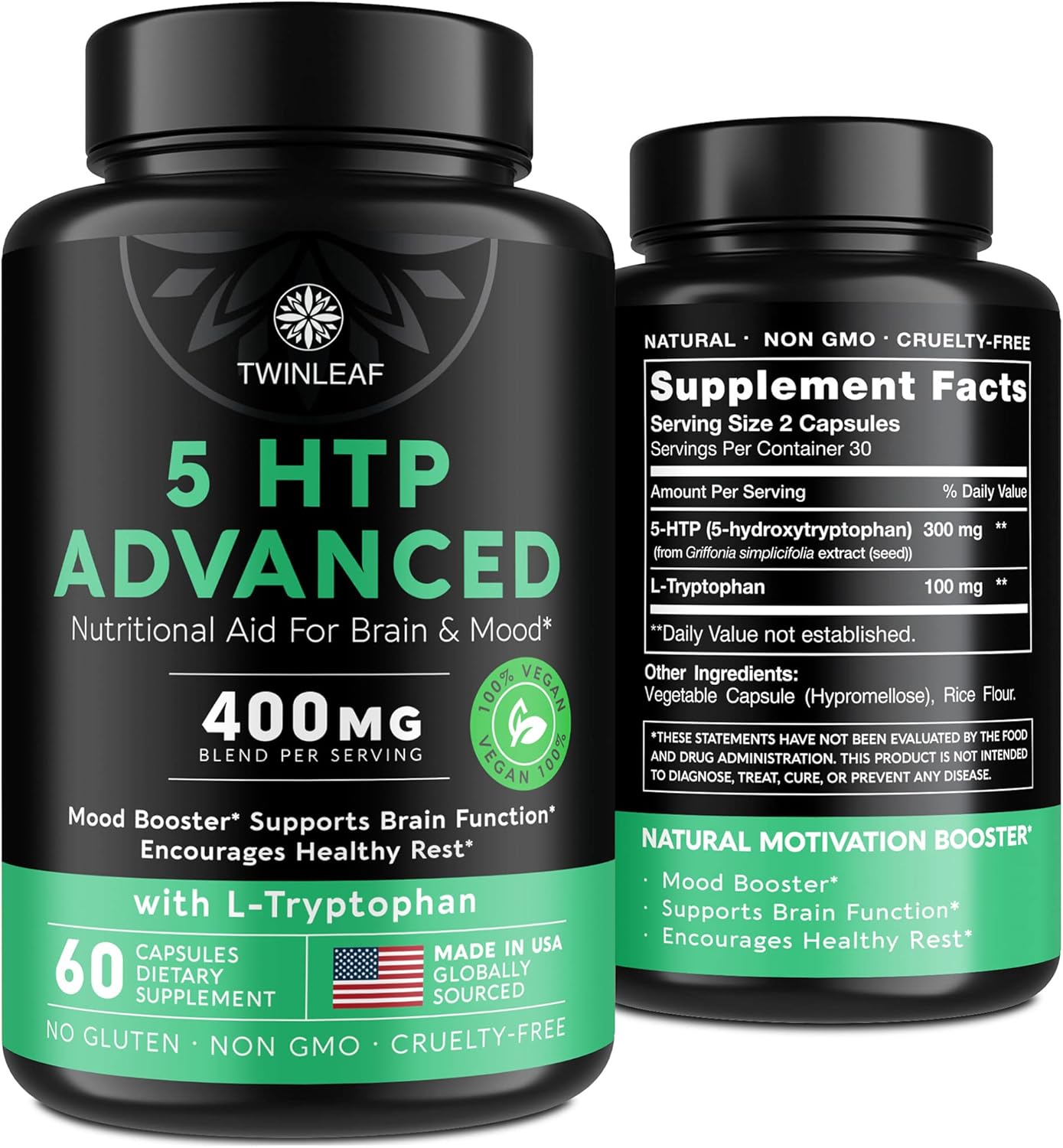 USA-Made TWINLEAF 5-HTP & L-Tryptophan Supplement - Mood Support for Men & Women - Proprietary Mood & Relaxation Formula - 60 Vegan Capsules