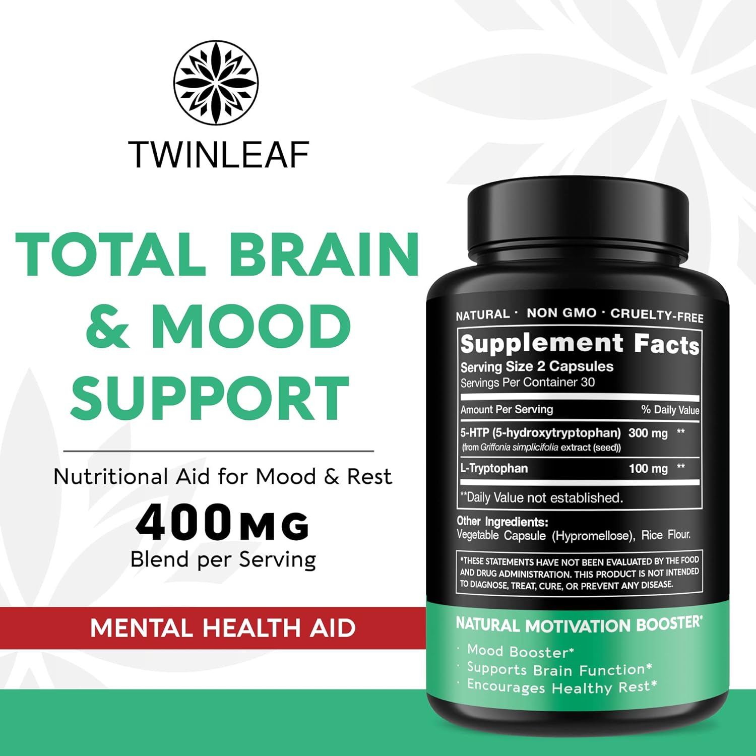 USA-Made TWINLEAF 5-HTP & L-Tryptophan Supplement - Mood Support for Men & Women - Proprietary Mood & Relaxation Formula - 60 Vegan Capsules