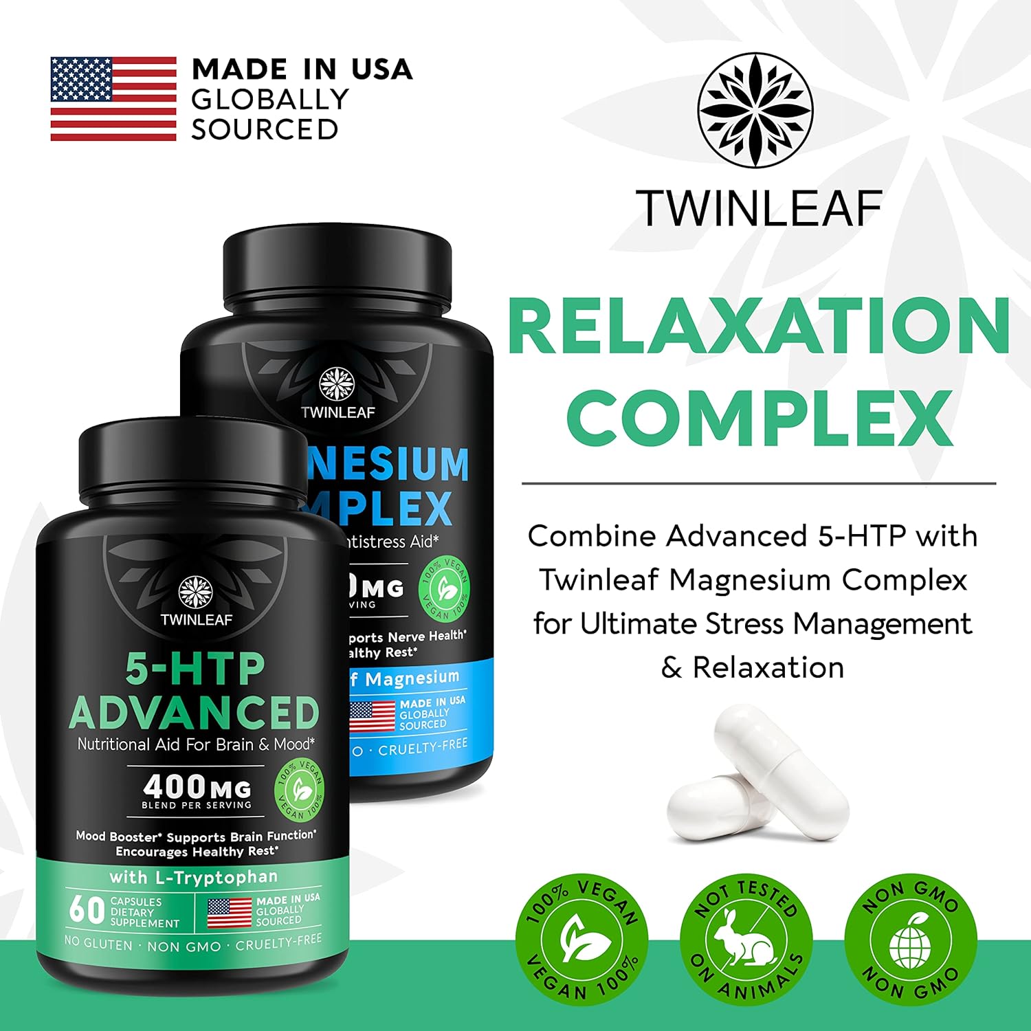 USA-Made TWINLEAF 5-HTP & L-Tryptophan Supplement - Mood Support for Men & Women - Proprietary Mood & Relaxation Formula - 60 Vegan Capsules
