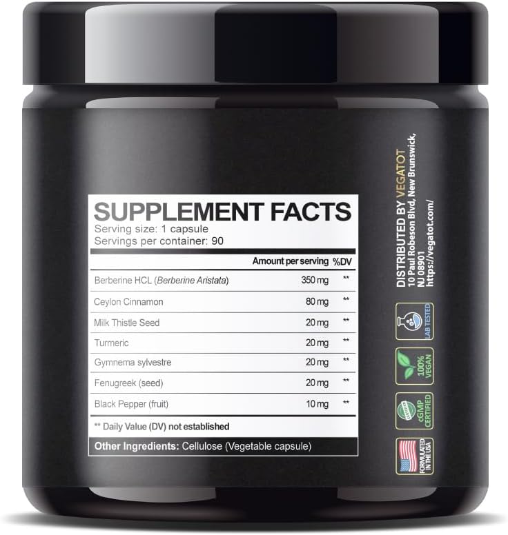 USA Made VEGATOT Berberine Supplement with Ceylon Cinnamon, Turmeric, Milk Thistle, and Fenugreek for Immune, Cardiovascular, and Digestive Health