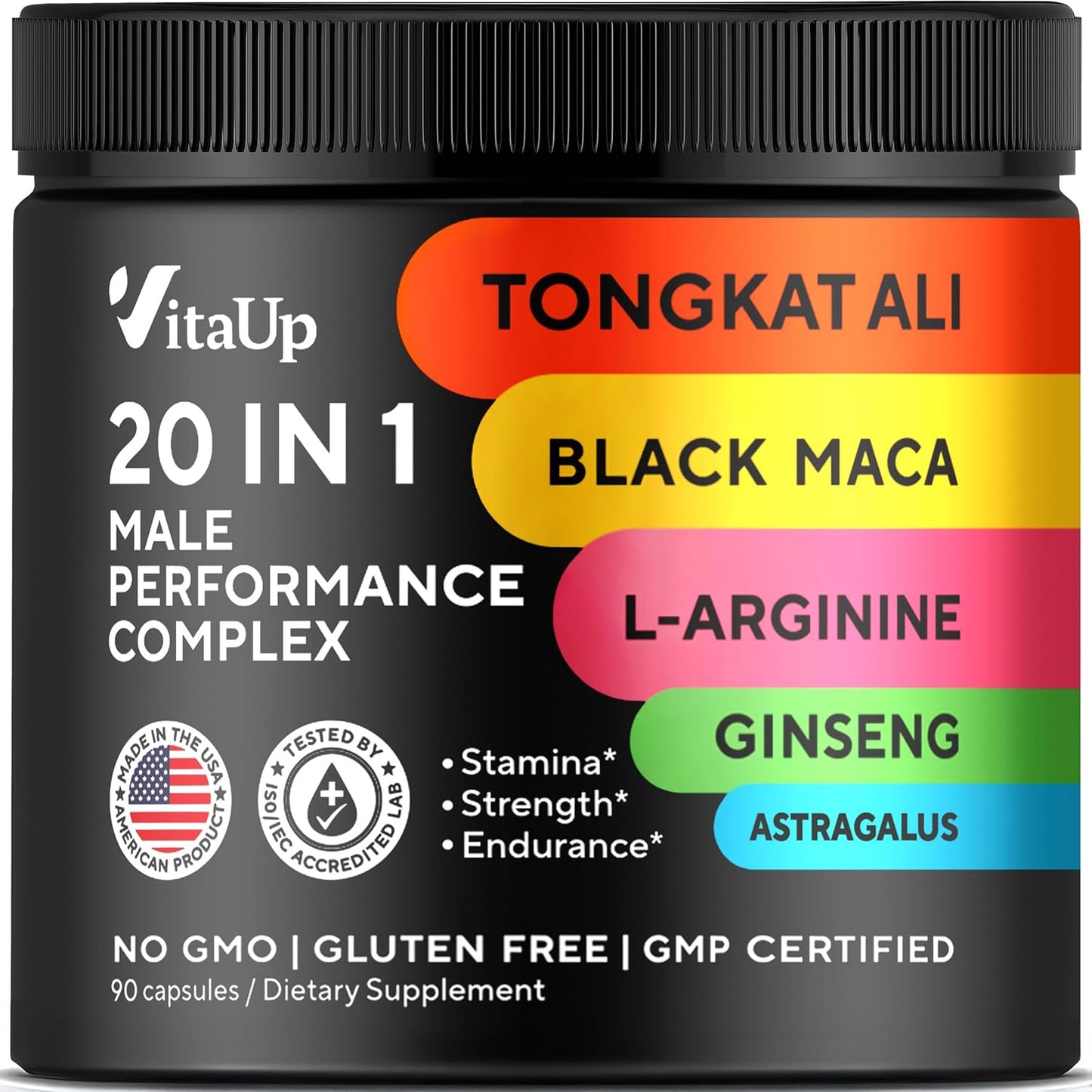 USA Made VitaUp Tongkat Ali Men's Supplement Complex with Astragalus & Black Maca Root - 90 Capsules for Strength & Endurance