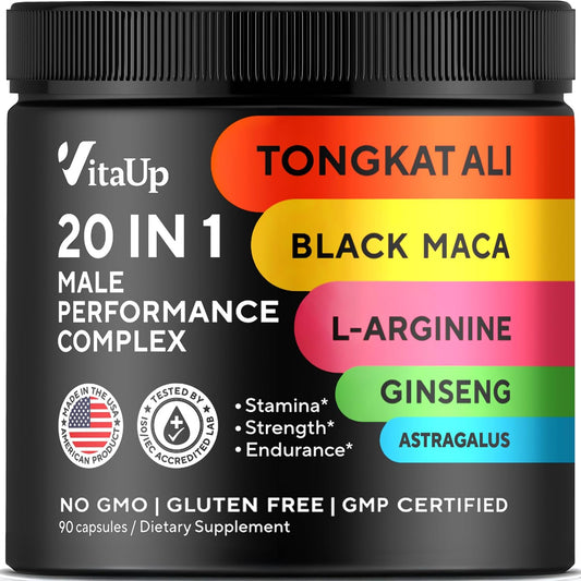 USA Made VitaUp Tongkat Ali Men's Supplement Complex with Astragalus & Black Maca Root - 90 Capsules for Strength & Endurance