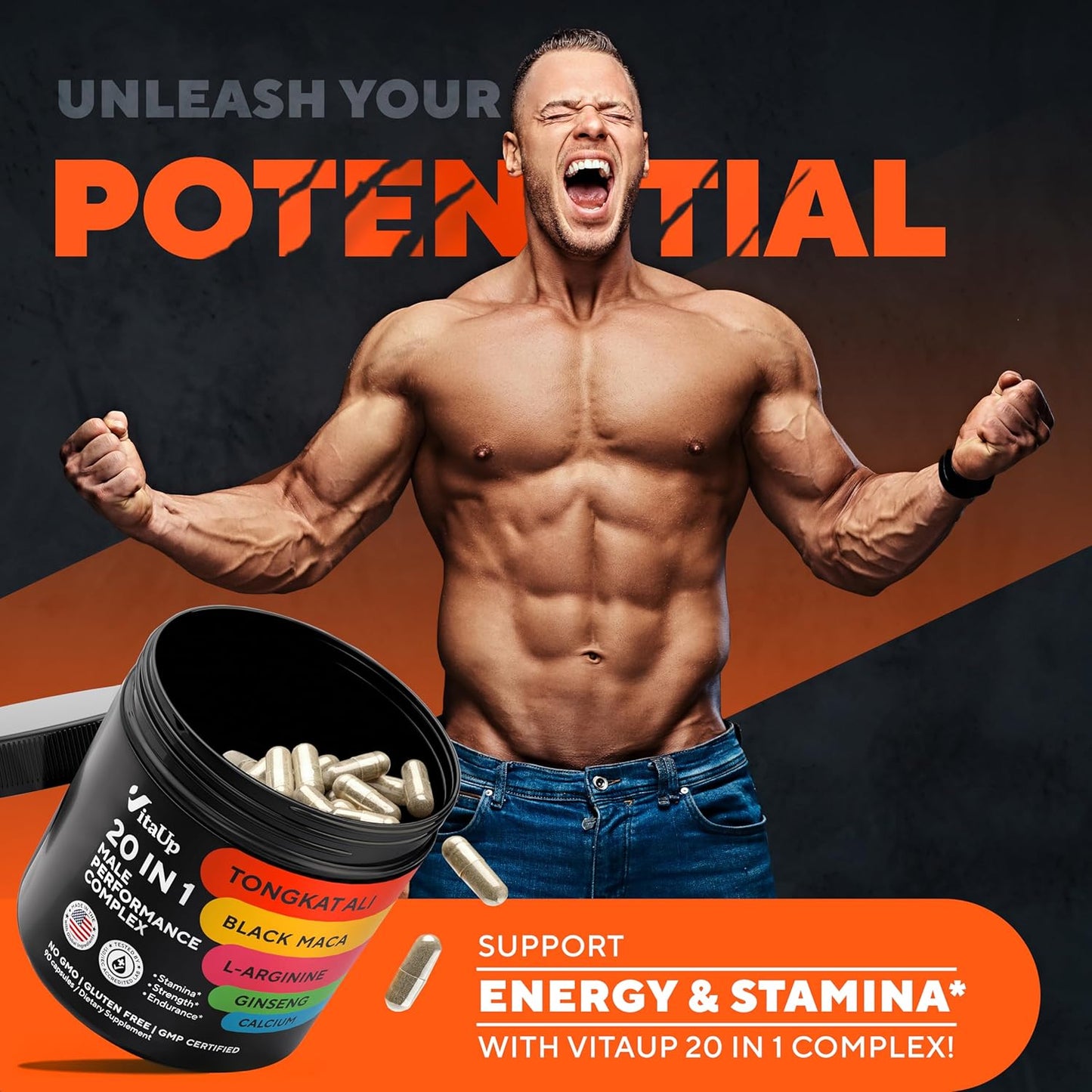 USA Made VitaUp Tongkat Ali Men's Supplement Complex with Astragalus & Black Maca Root - 90 Capsules for Strength & Endurance