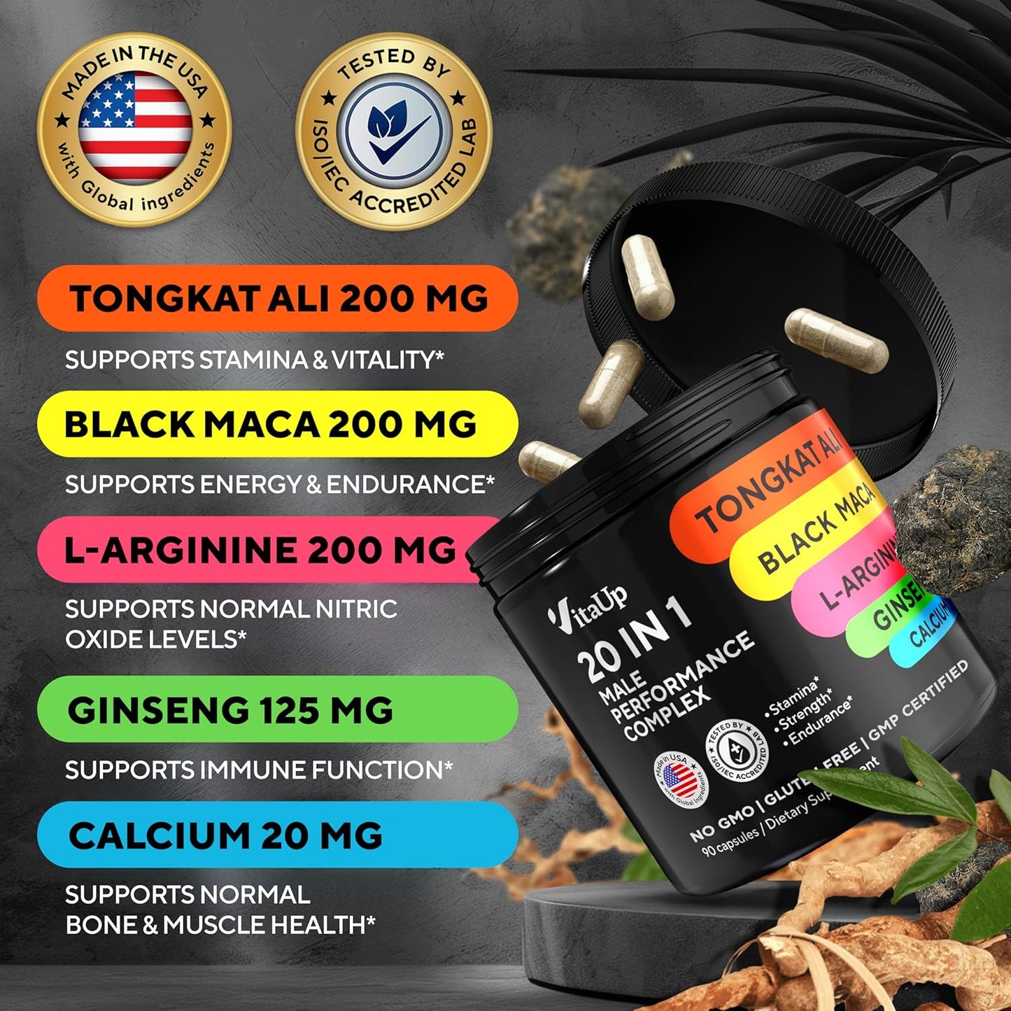 USA Made VitaUp Tongkat Ali Men's Supplement Complex with Astragalus & Black Maca Root - 90 Capsules for Strength & Endurance