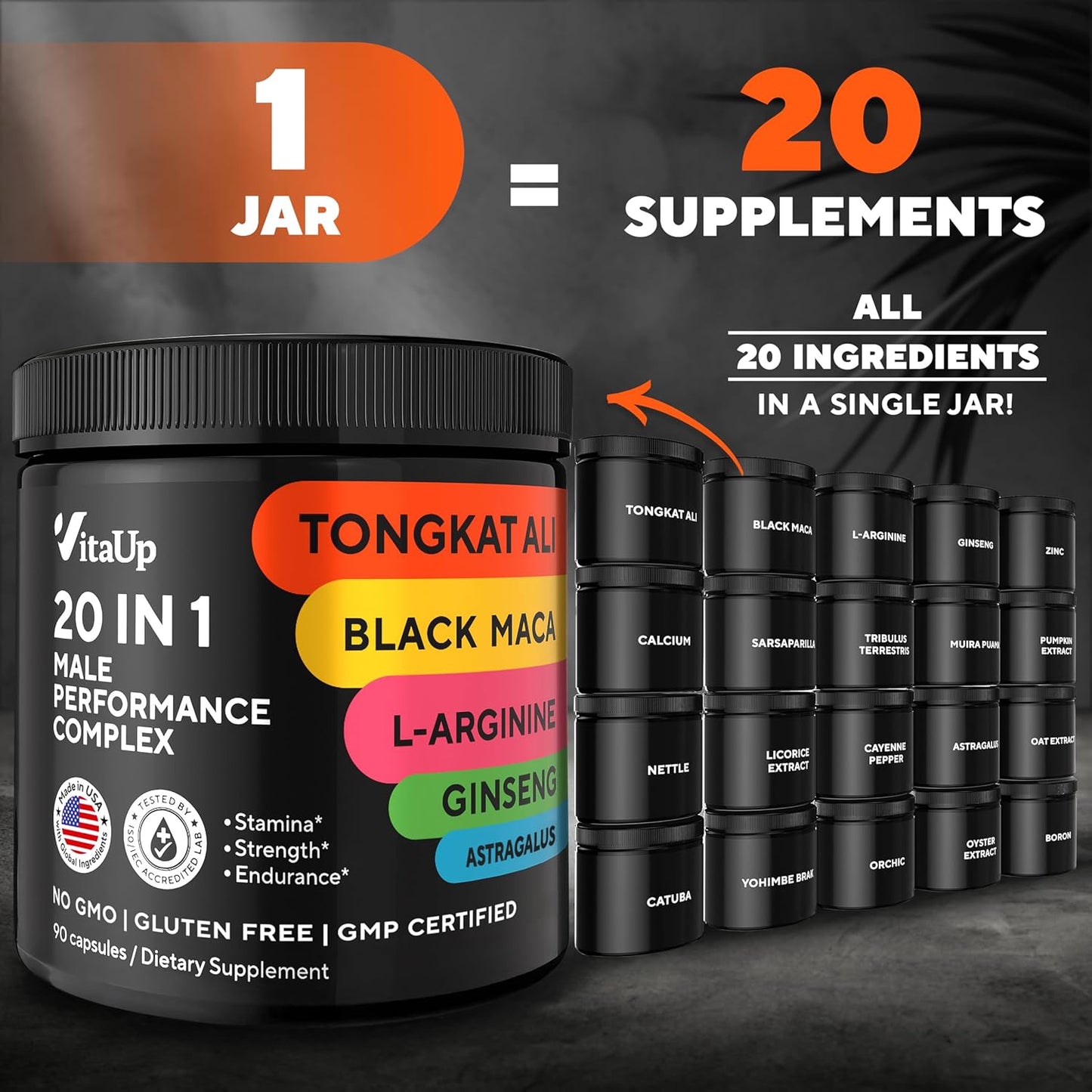 USA Made VitaUp Tongkat Ali Men's Supplement Complex with Astragalus & Black Maca Root - 90 Capsules for Strength & Endurance