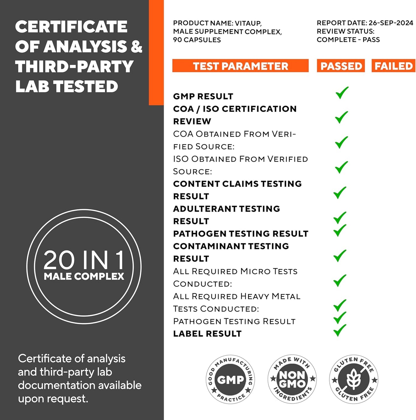 USA Made VitaUp Tongkat Ali Men's Supplement Complex with Astragalus & Black Maca Root - 90 Capsules for Strength & Endurance