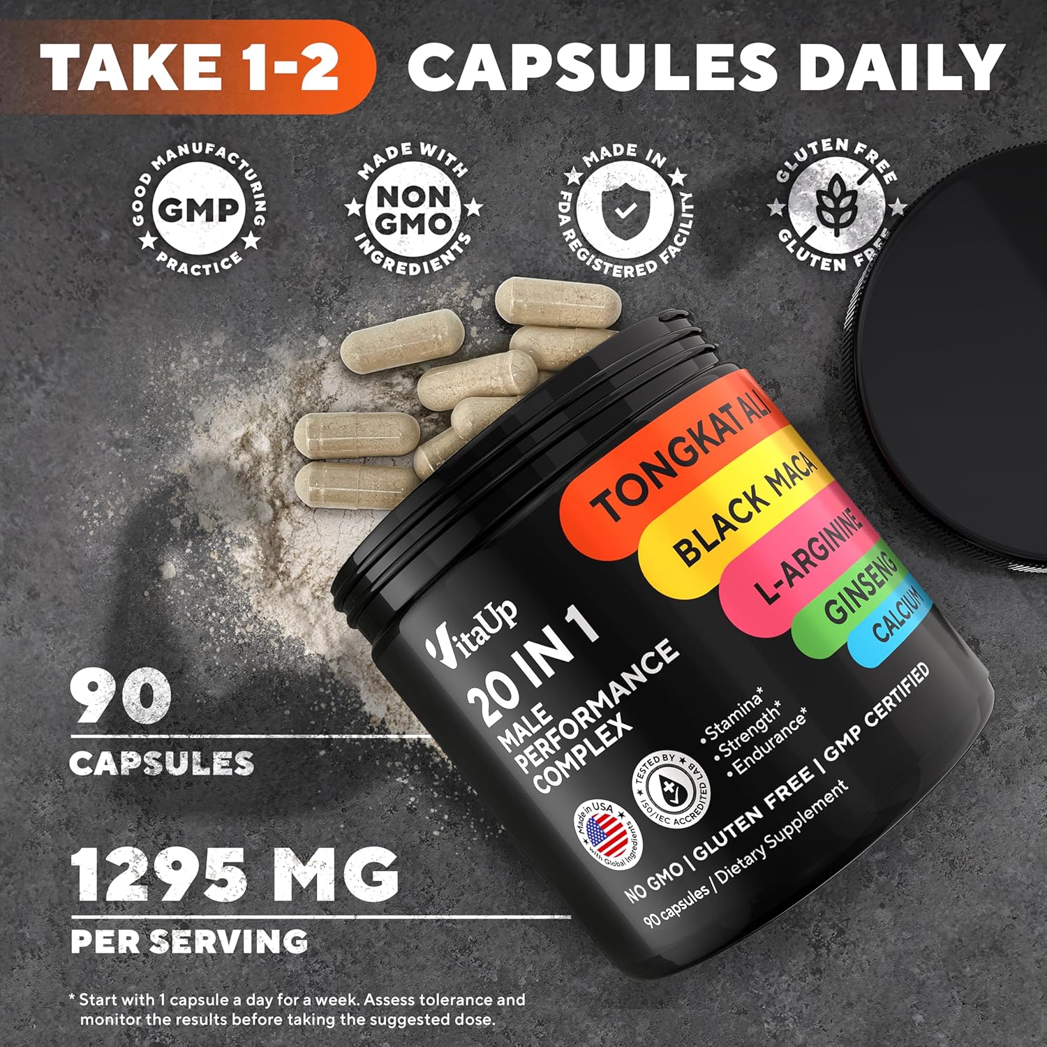 USA Made VitaUp Tongkat Ali Men's Supplement Complex with Astragalus & Black Maca Root - 90 Capsules for Strength & Endurance