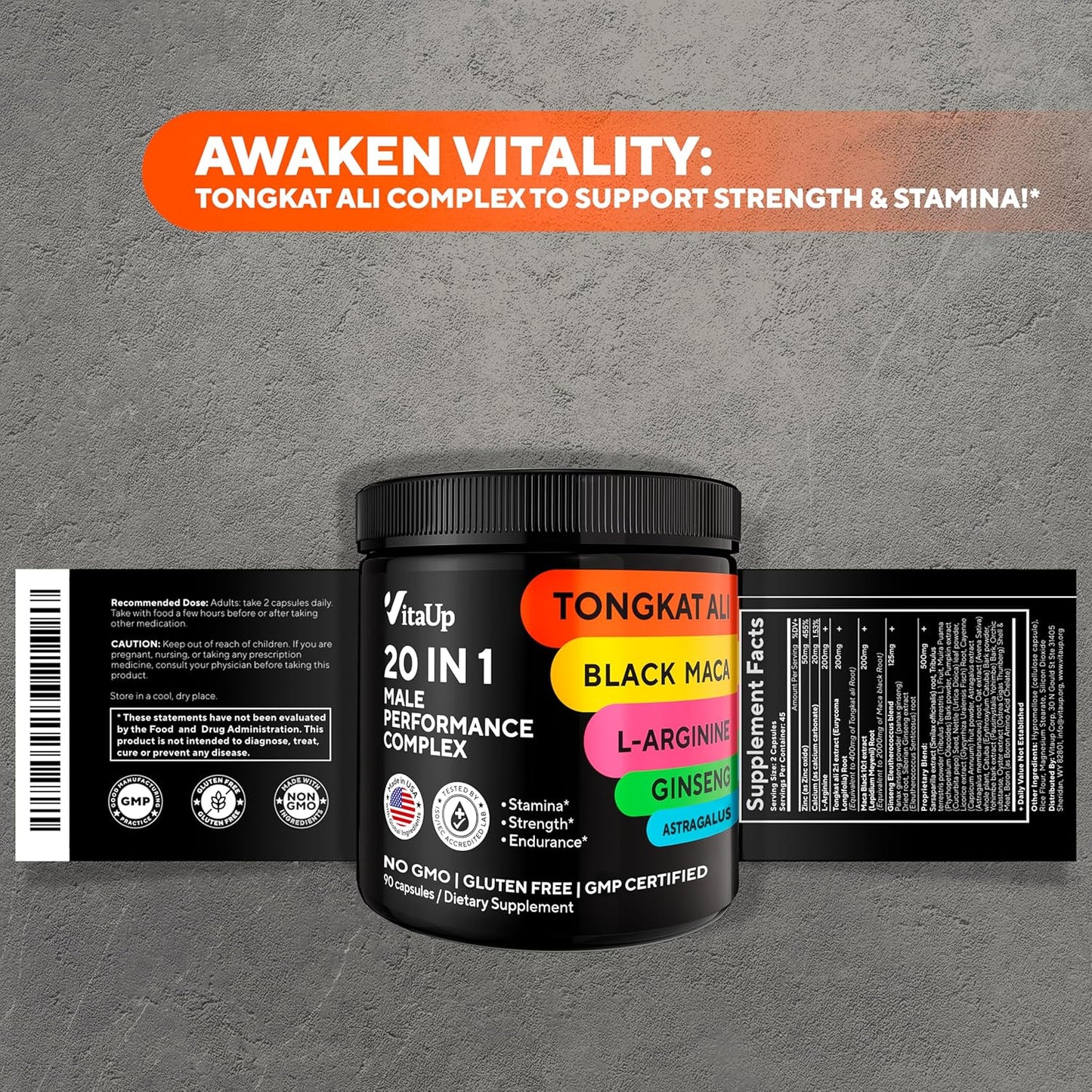 USA Made VitaUp Tongkat Ali Men's Supplement Complex with Astragalus & Black Maca Root - 90 Capsules for Strength & Endurance