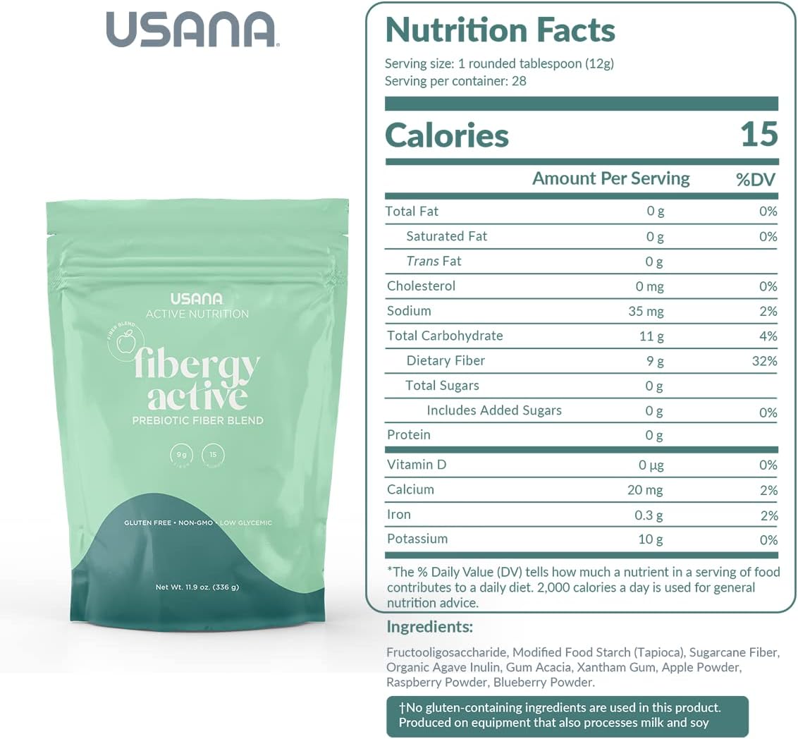 USANA Fibergy Active: Non-GMO Prebiotic Fiber for Gut Health, Gluten Free, Low Glycemic - 336g, 28 Servings