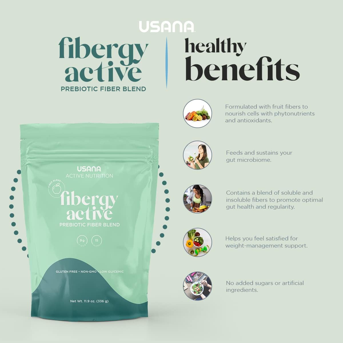USANA Fibergy Active: Non-GMO Prebiotic Fiber for Gut Health, Gluten Free, Low Glycemic - 336g, 28 Servings