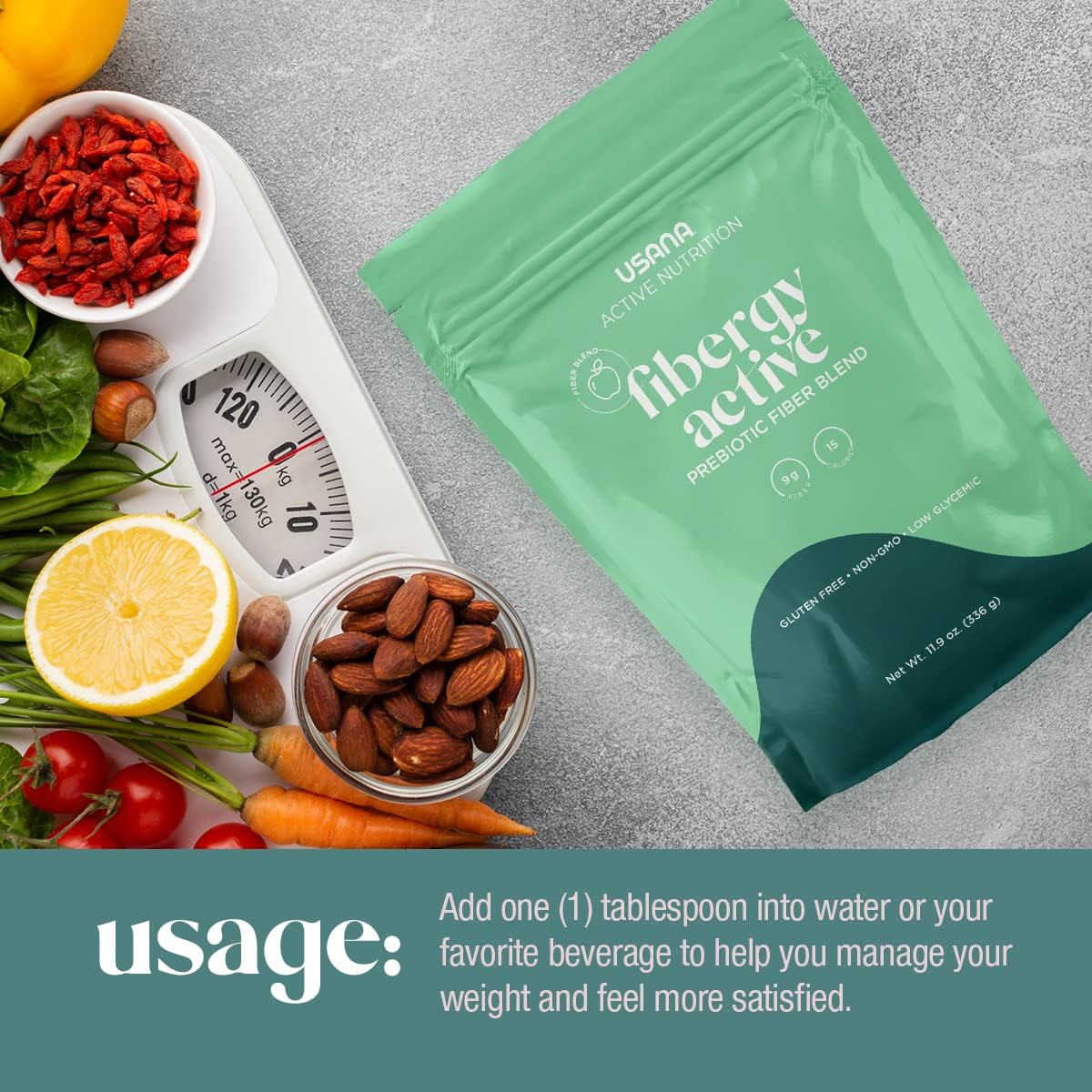 USANA Fibergy Active: Non-GMO Prebiotic Fiber for Gut Health, Gluten Free, Low Glycemic - 336g, 28 Servings