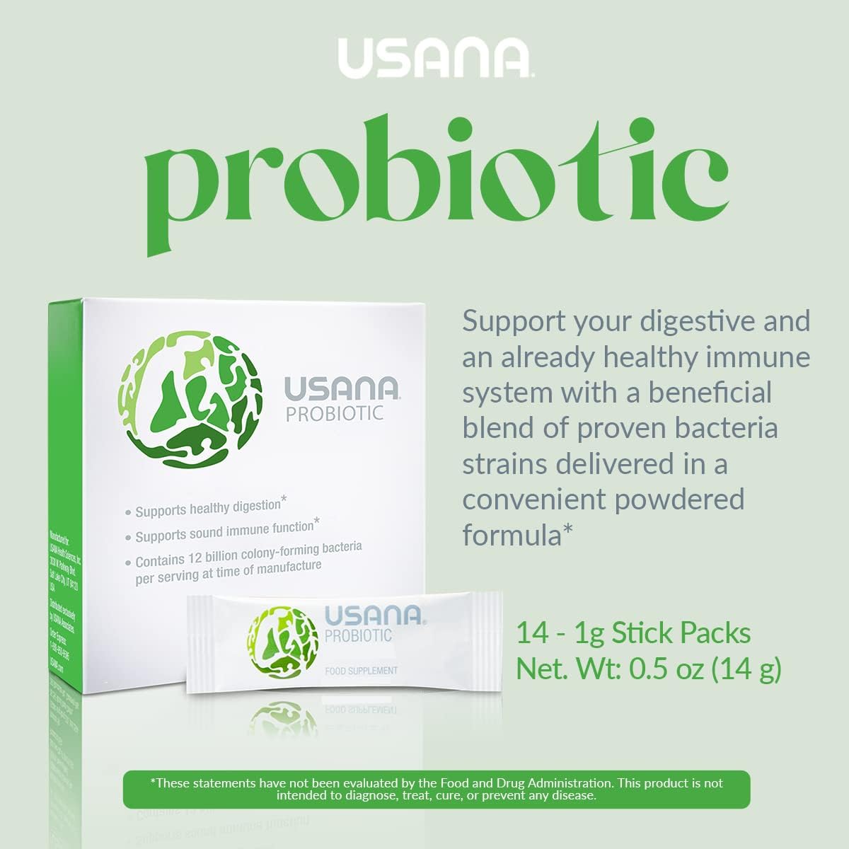 USANA Probiotic Supplement for Digestive Health - Gluten Free, Sugar Free, Dairy Free - 14 Stick Packs