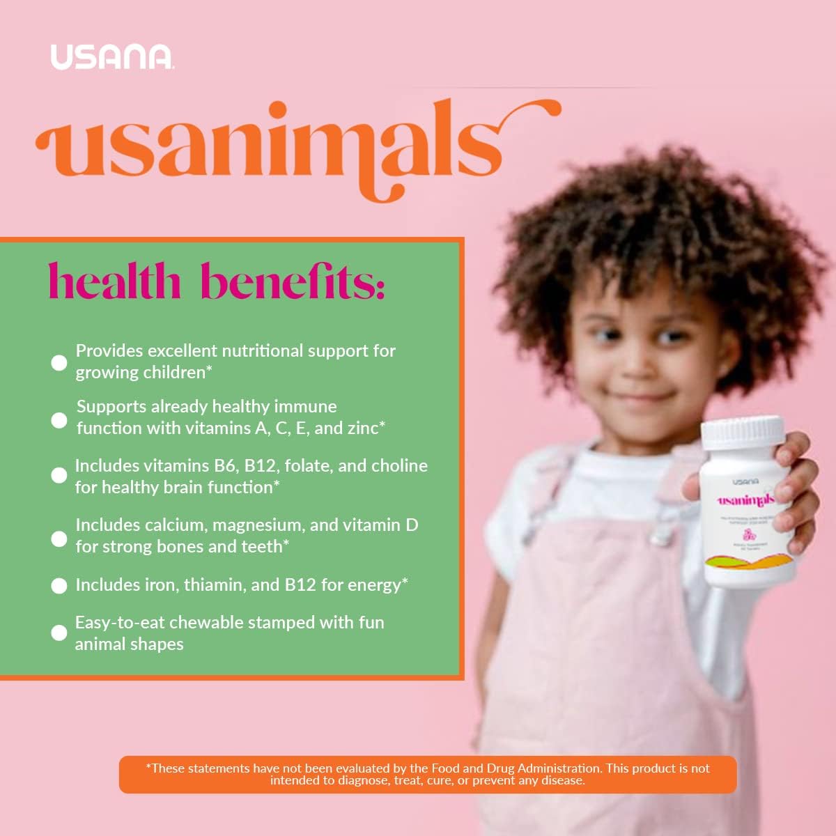 USANA Usanimals Multivitamin for Kids - Chewable Tablets with Essential Nutrients for Ages 2-12 - Supports Immune, Bone, Brain Health - 56 Tablets