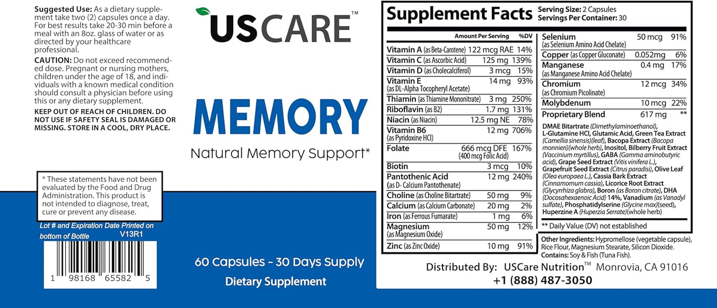 USCare Memory: Natural Memory Support with 40 Unique Nootropic Ingredients incl. Phosphatidylserine & Bacopa Monnieri