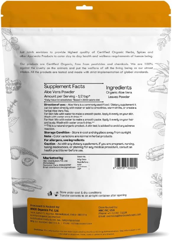 USDA Certified 100% Organic Aloe Vera Powder - 227g / 0.5 LB by Just Jaivik