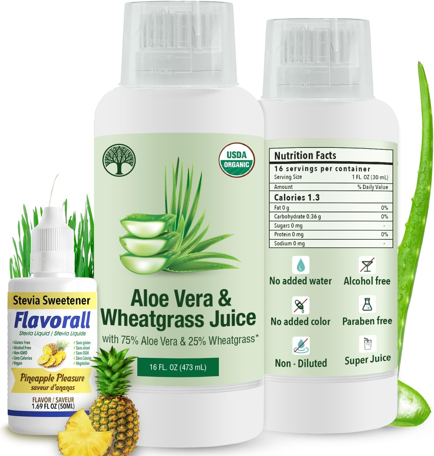 USDA Certified Aloe Juice Shots with Wheatgrass & Flavorall for Gut Detox, Immunity & Skin - Pineapple Flavor, 30-Day Supply
