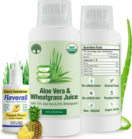 USDA Certified Aloe Juice Shots with Wheatgrass & Flavorall for Gut Detox, Immunity & Skin - Pineapple Flavor, 30-Day Supply