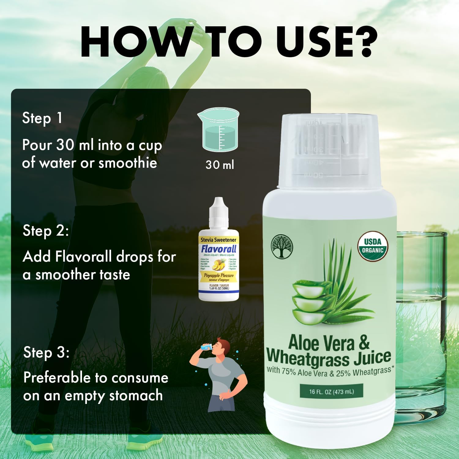 USDA Certified Aloe Juice Shots with Wheatgrass & Flavorall for Gut Detox, Immunity & Skin - Pineapple Flavor, 30-Day Supply