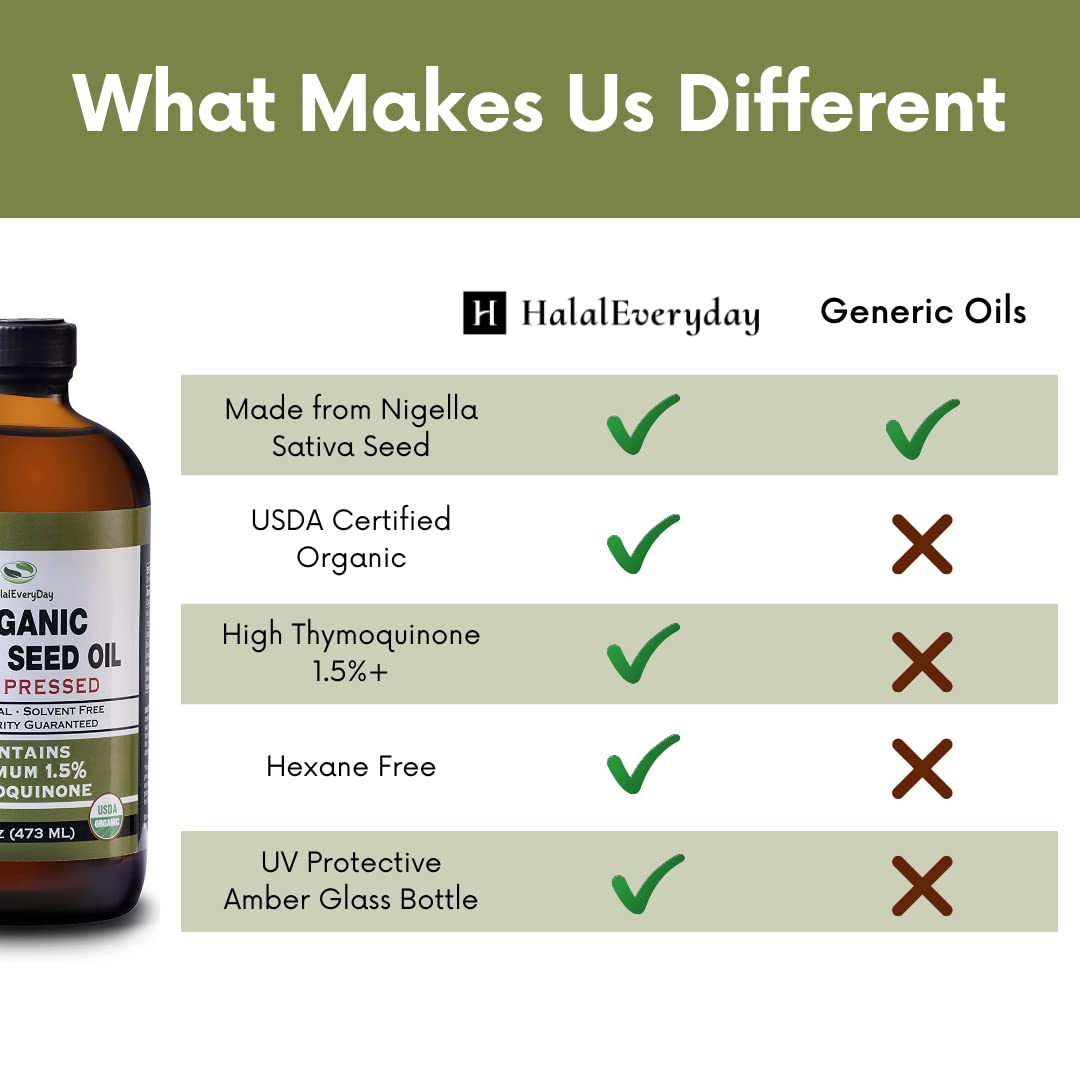 USDA Certified HalalEveryDay Organic Black Seed Oil - Cold Pressed Glass Bottle with 1.5% Thymoquinone - 3X Strength Turkish Black Cumin - Non-GMO 100% Pure Blackseed Oil - 2oz Dropper Bottle
