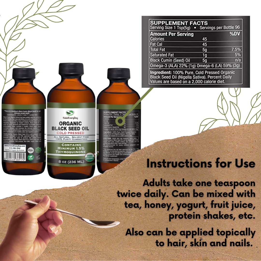 USDA Certified HalalEveryDay Organic Black Seed Oil - Cold Pressed in Glass Bottle with Over 1.5% Purity