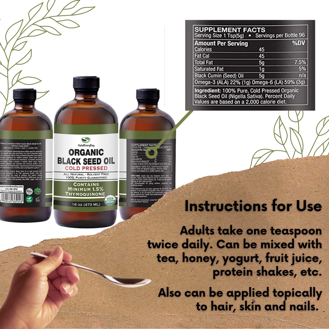 USDA Certified HalalEveryDay Organic Black Seed Oil - Cold Pressed Glass Bottle with 1.5% Thymoquinone - 3X Strength Turkish Black Cumin - Non-GMO 100% Pure Blackseed Oil - 2oz Dropper Bottle