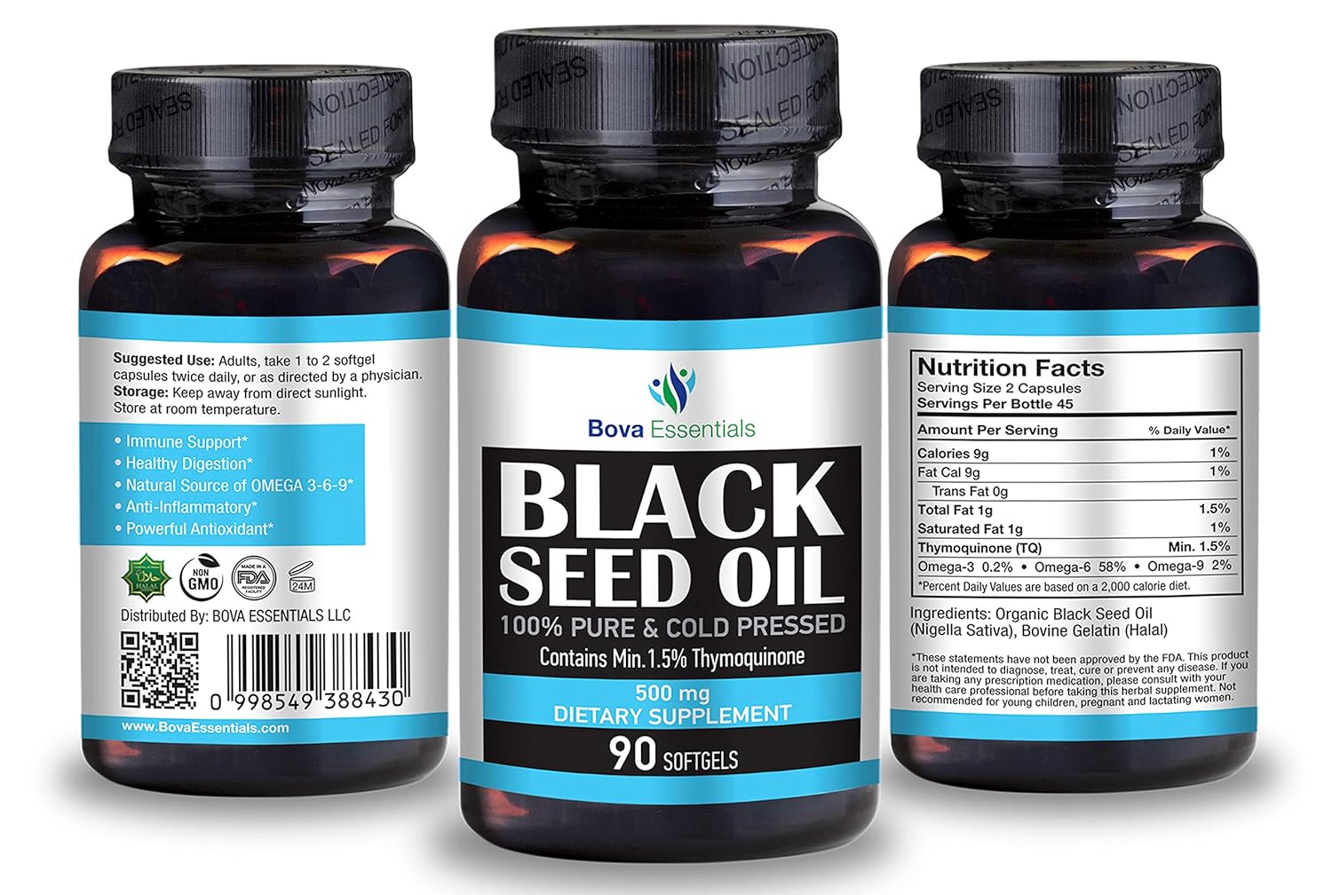 USDA Certified HalalEveryDay Organic Turkish Black Seed Oil Capsules - Cold Pressed Glass Bottle, 3X Strength Nigella Sativa with Over 1.5% Thymoquinone, Non-GMO Pure Blackseed Oil