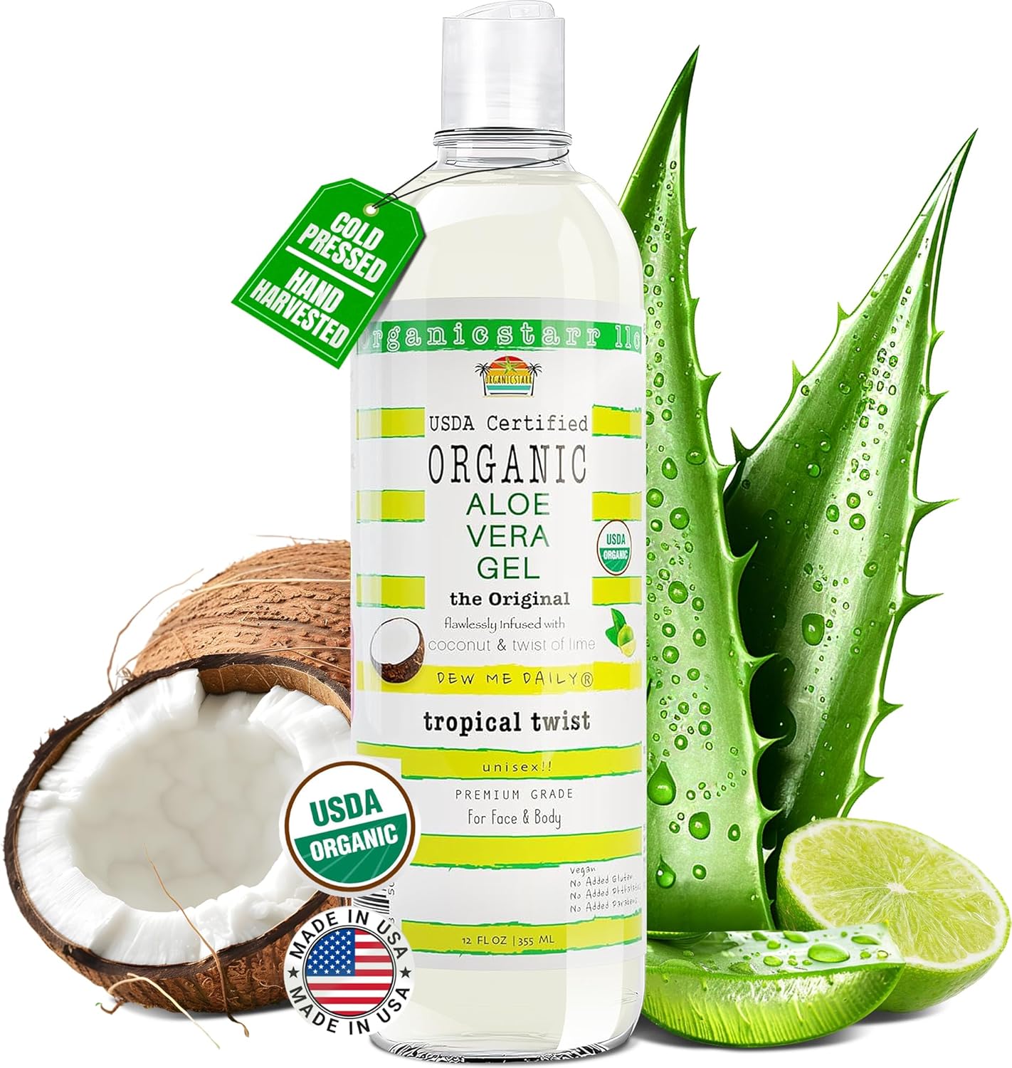 USDA Certified Organic Aloe Vera Gel 12 oz - Pure, Cold Pressed with Coconut, Lime & Verbena Essential Oils - Chemical-Free Skin & Hair Care from USA