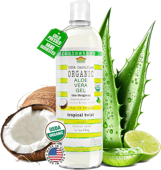 USDA Certified Organic Aloe Vera Gel 12 oz - Pure, Cold Pressed with Coconut, Lime & Verbena Essential Oils - Chemical-Free Skin & Hair Care from USA