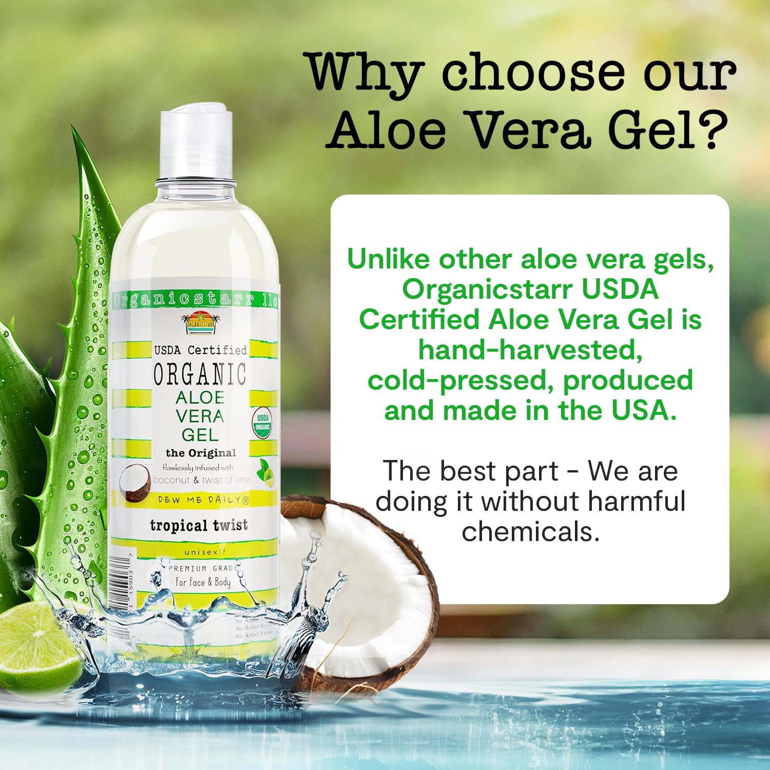 USDA Certified Organic Aloe Vera Gel 12 oz - Pure, Cold Pressed with Coconut, Lime & Verbena Essential Oils - Chemical-Free Skin & Hair Care from USA