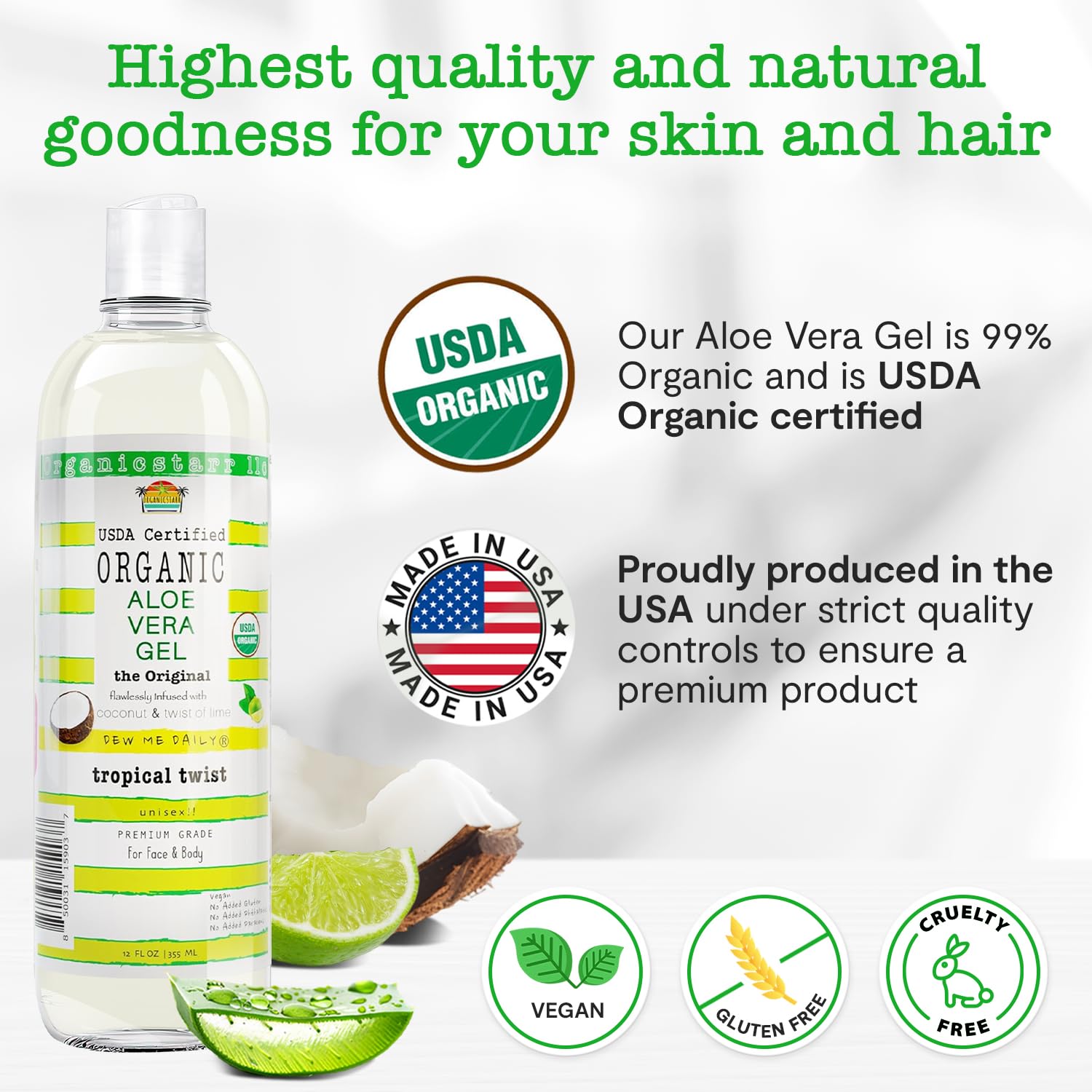 USDA Certified Organic Aloe Vera Gel 12 oz - Pure, Cold Pressed with Coconut, Lime & Verbena Essential Oils - Chemical-Free Skin & Hair Care from USA