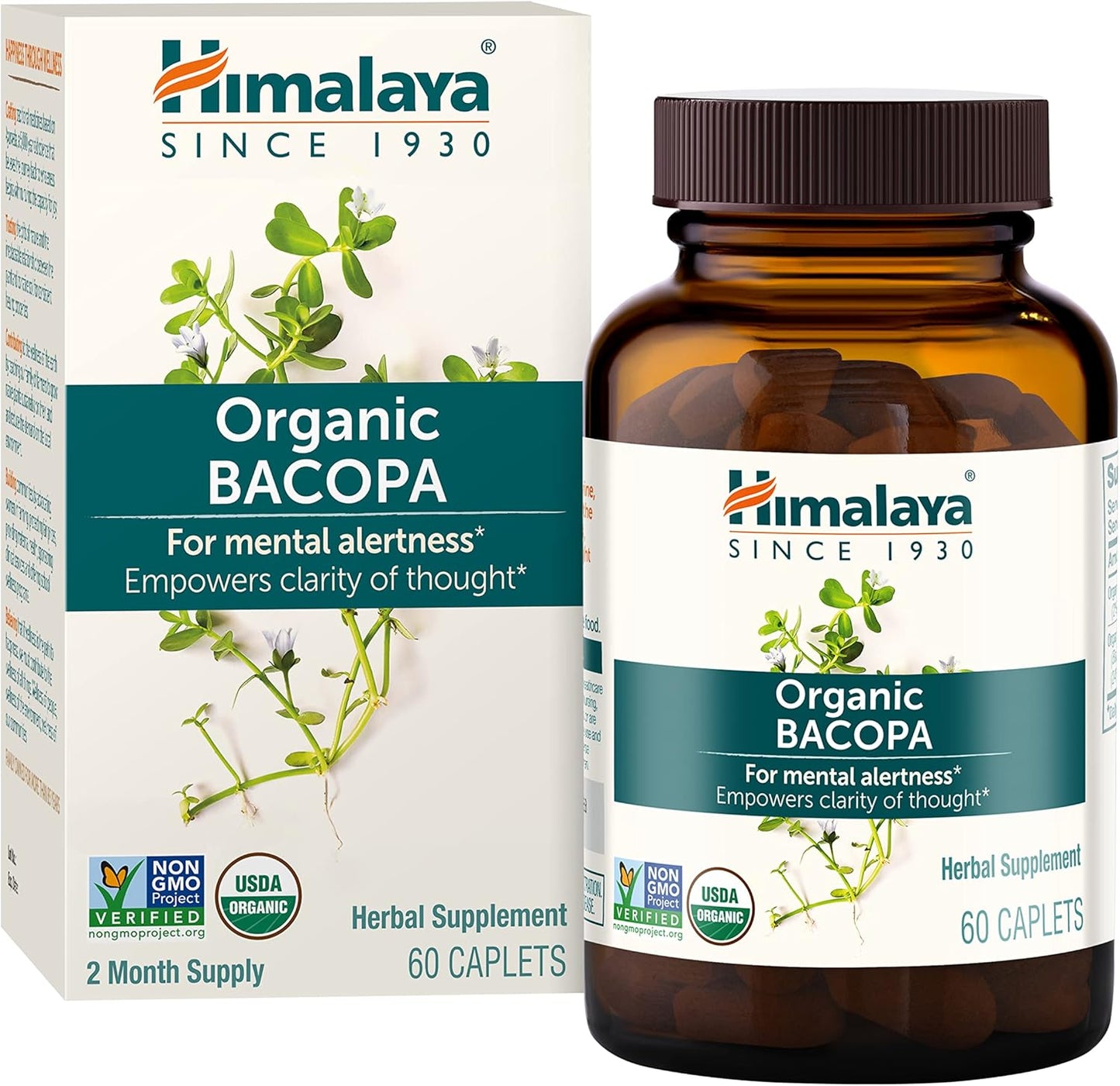 USDA Certified Organic Bacopa Monnieri Nootropic Supplement - 750mg Caplets for Memory & Cognition - Non-GMO - 60 Day Supply