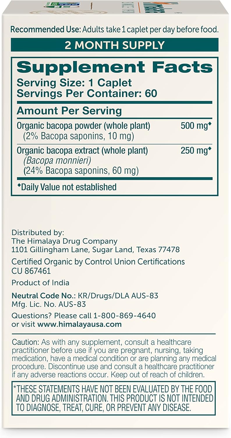 USDA Certified Organic Bacopa Monnieri Nootropic Supplement - 750mg Caplets for Memory & Cognition - Non-GMO - 60 Day Supply