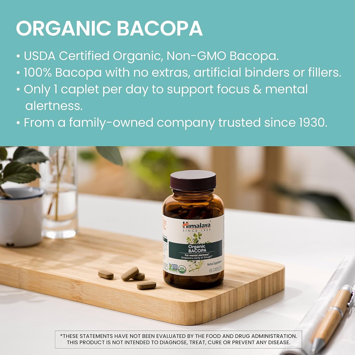 USDA Certified Organic Bacopa Monnieri Nootropic Supplement - 750mg Caplets for Memory & Cognition - Non-GMO - 60 Day Supply