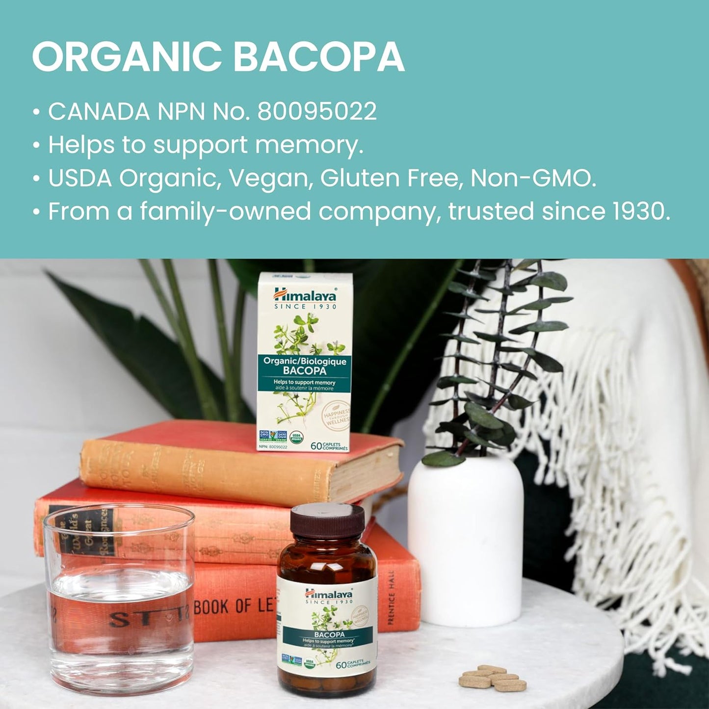 USDA Certified Organic Bacopa Monnieri Nootropic Supplement - 750mg Caplets for Memory & Cognition - Non-GMO - 60 Day Supply