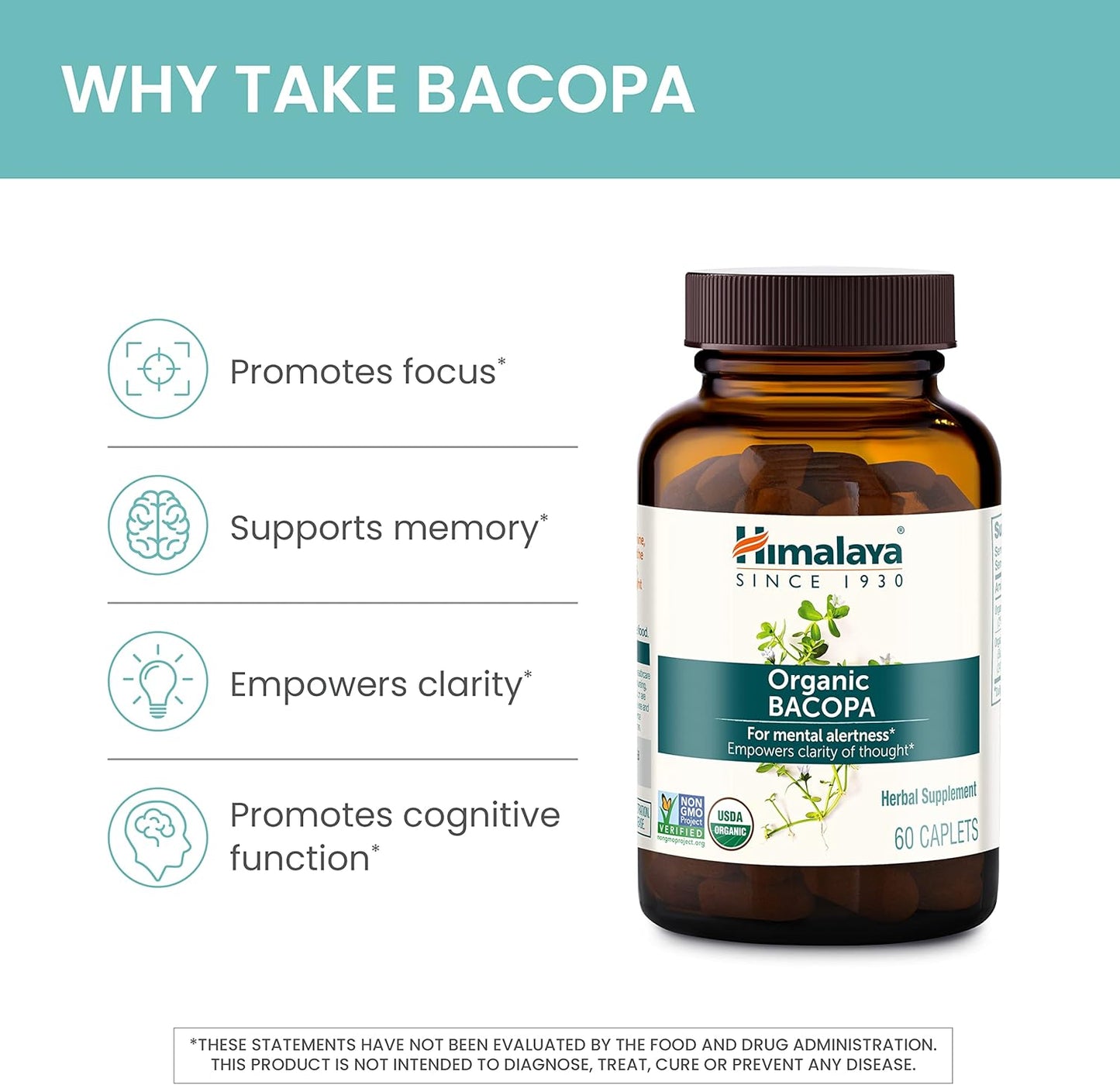 USDA Certified Organic Bacopa Monnieri Nootropic Supplement - 750mg Caplets for Memory & Cognition - Non-GMO - 60 Day Supply