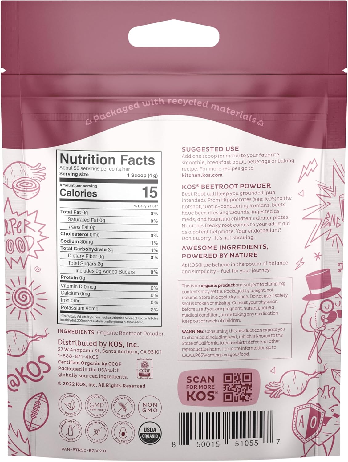 USDA Certified Organic Beet Root Powder for Stamina & Circulation - Non-GMO, Soy & Gluten-Free - 50 Servings