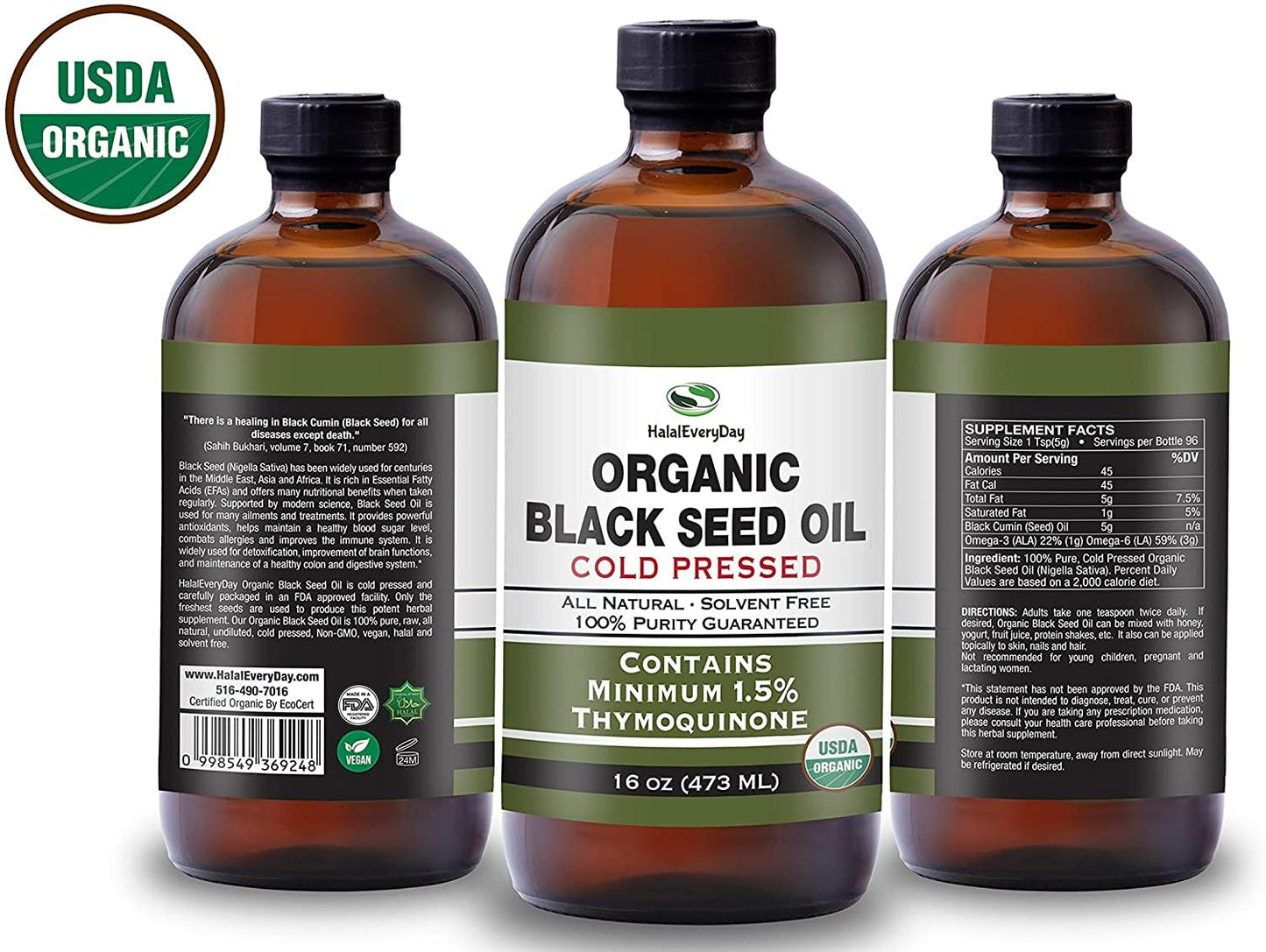 USDA Certified Organic Black Seed Oil - Cold Pressed Glass Bottle with 1.5% Thymoquinone - 3X Strength Turkish Black Cumin Nigella Sativa - Non-GMO Pure Blackseed Oil - 32oz Bottle