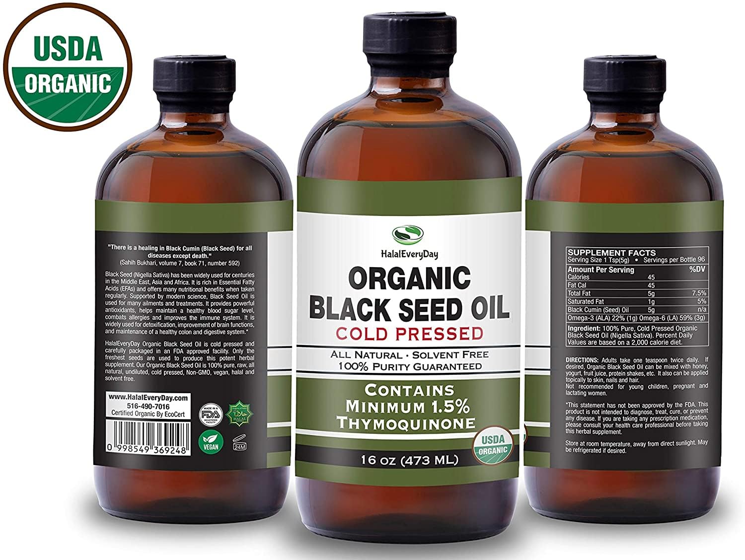 USDA Certified Organic Black Seed Oil - Cold Pressed Glass Bottle with 1.5% Thymoquinone - 3X Strength Turkish Black Cumin Nigella Sativa - Non-GMO Pure Blackseed Oil - 32oz Bottle