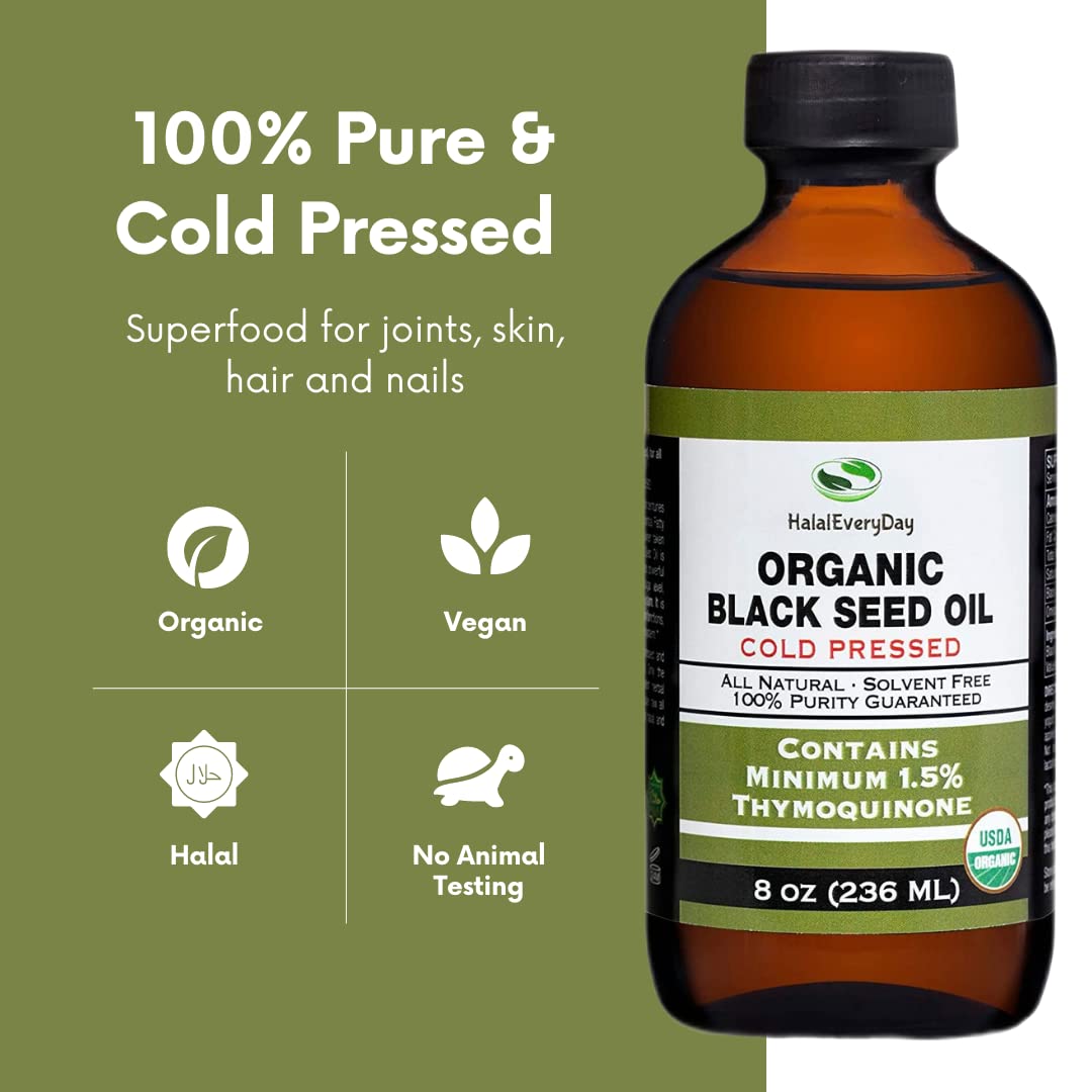 USDA Certified Organic Black Seed Oil - Cold Pressed Glass Bottle with 1.5% Thymoquinone - 3X Strength Turkish Black Cumin Nigella Sativa - Non-GMO Pure Blackseed Oil - 32oz Bottle