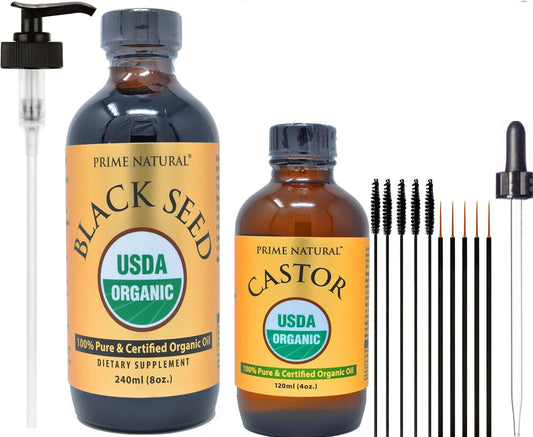 USDA Certified Organic Black Seed Oil & Castor Oil Bundle - Cold Pressed, Virgin, Unrefined - Non-GMO, Vegan, Preservative-Free