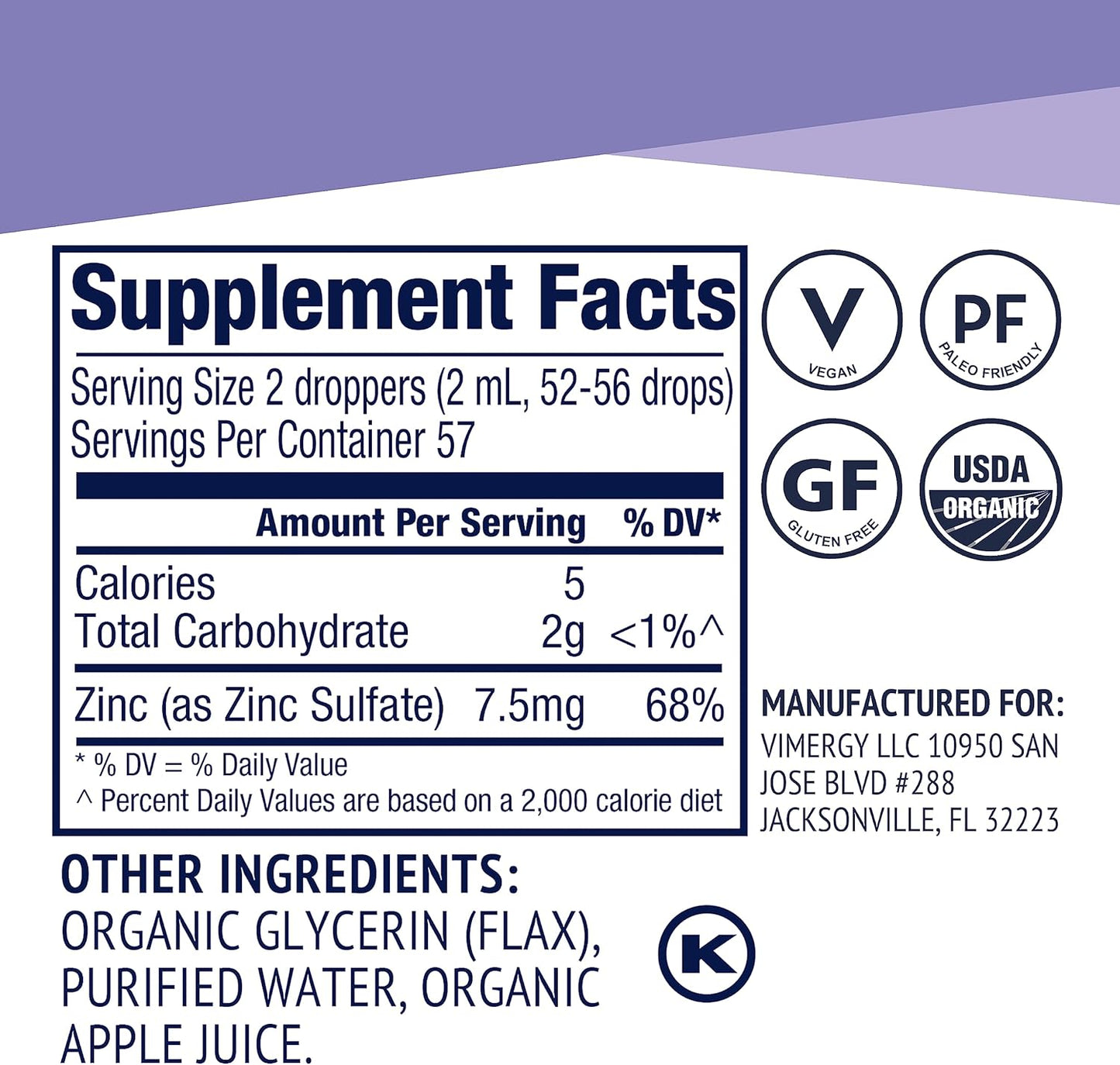 USDA Certified Organic Liquid Zinc Supplement for Immune Support - Vegan & Non-GMO - Promotes Healthy Bones & Skin - Fast-Absorbing Formula - 57 Servings