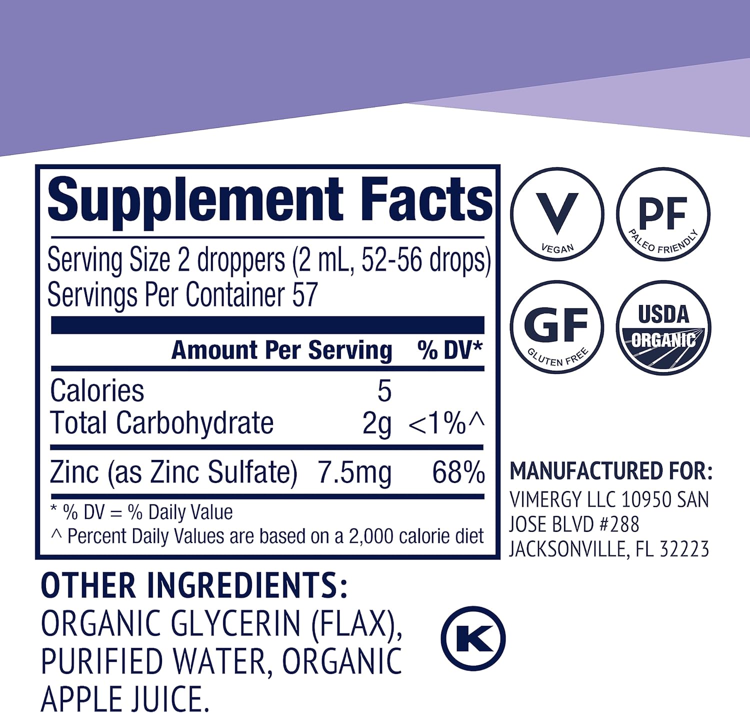 USDA Certified Organic Liquid Zinc Supplement for Immune Support - Vegan & Non-GMO - Promotes Healthy Bones & Skin - Fast-Absorbing Formula - 57 Servings