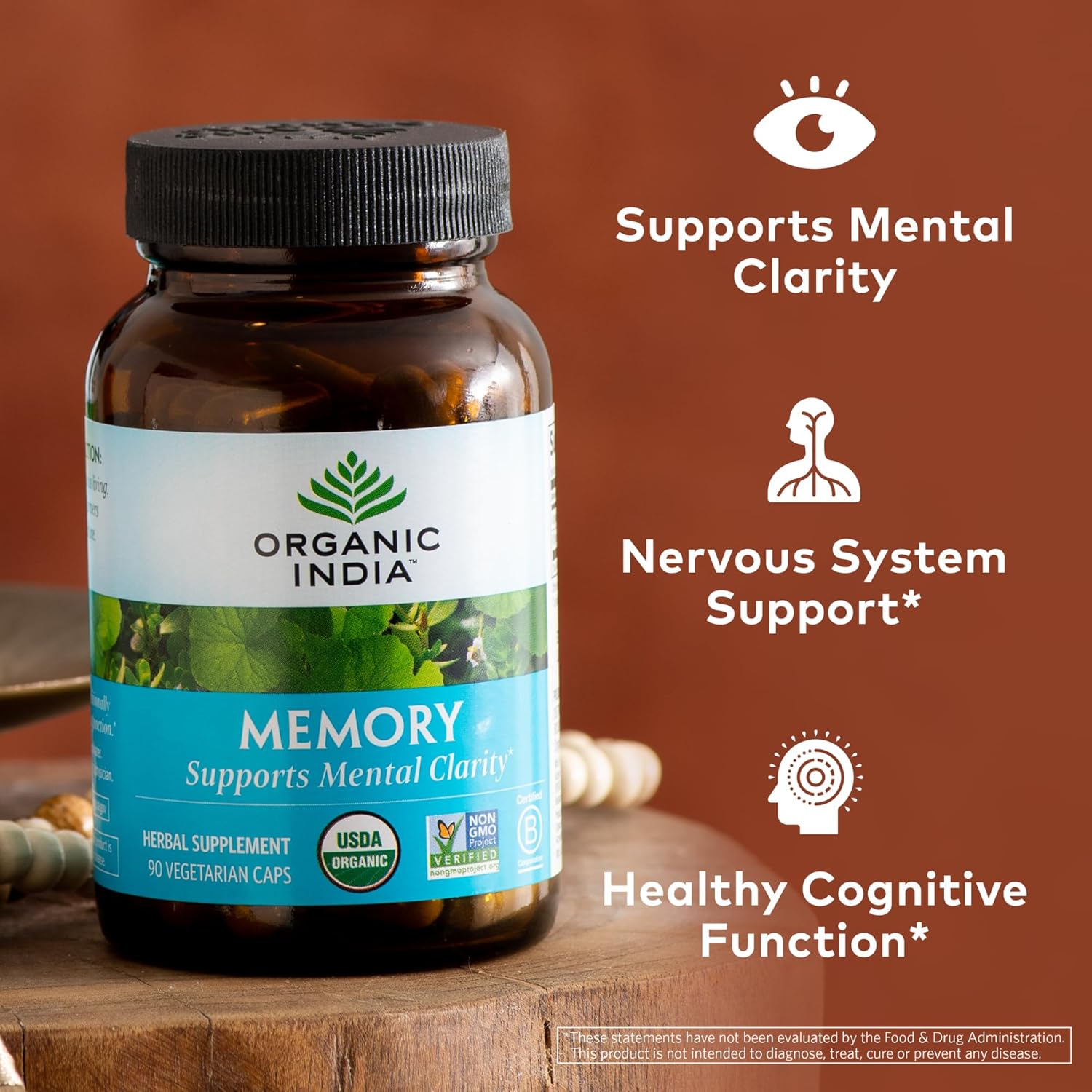 USDA Certified Organic Memory Support Supplement with Bacopa Monnieri & Gotu Kola - Herbal Brain Supplement for Memory and Focus - Non-GMO - 90 Capsules