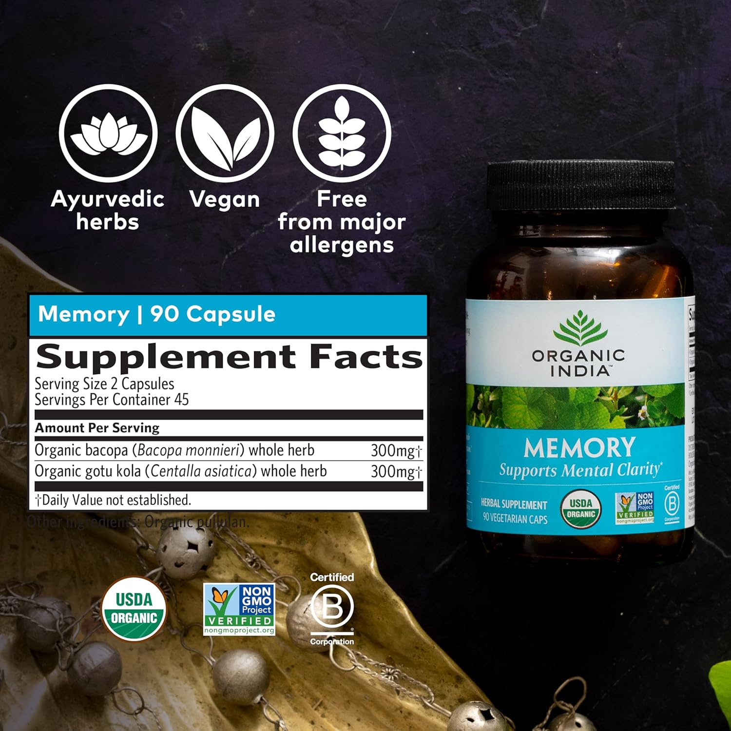 USDA Certified Organic Memory Support Supplement with Bacopa Monnieri & Gotu Kola - Herbal Brain Supplement for Memory and Focus - Non-GMO - 90 Capsules