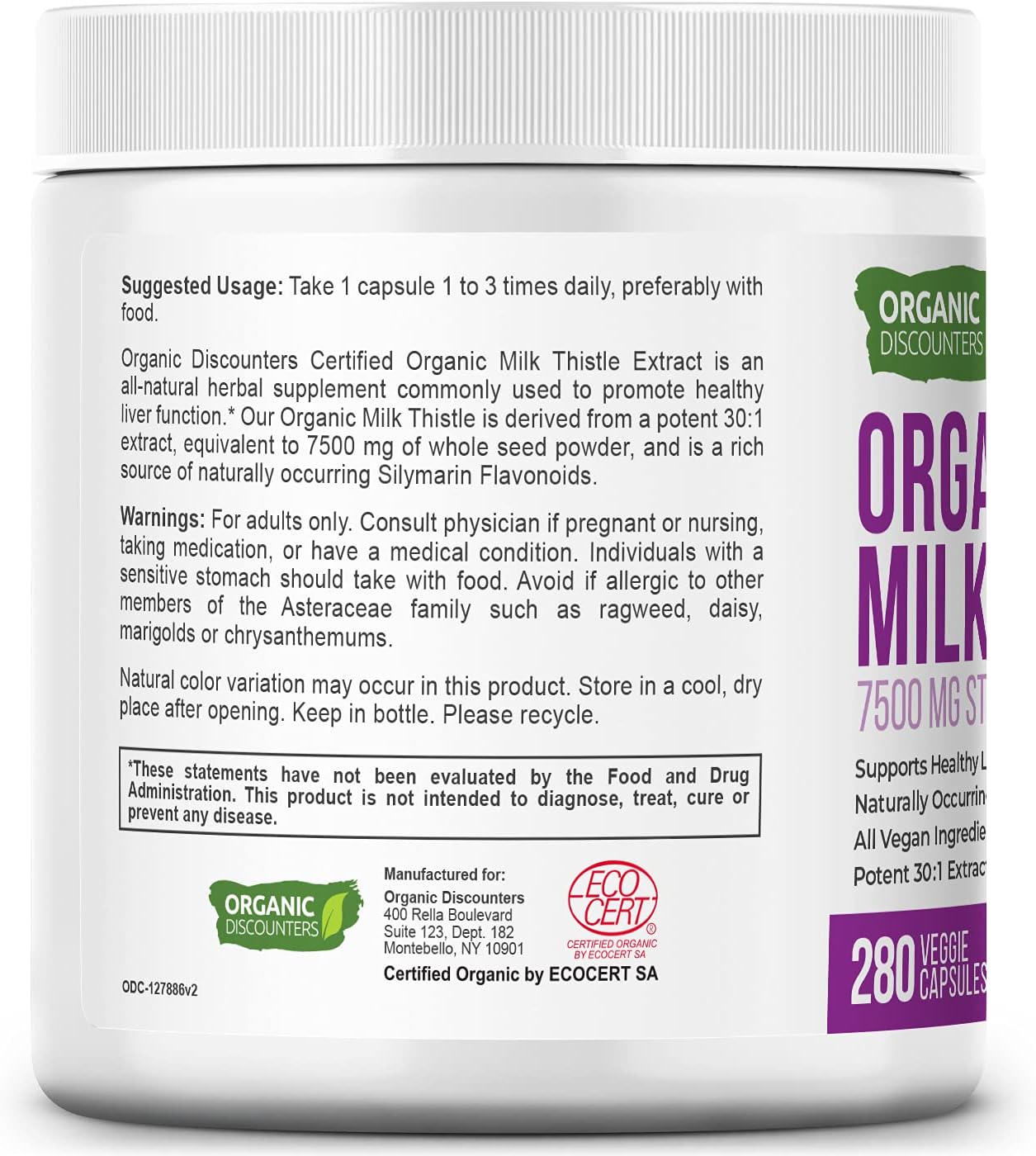 USDA Certified Organic Milk Thistle Capsules - 280 Count, 7500mg Strength, Vegan & Non-GMO - Rich in Silymarin Flavonoids - All-Natural Herbal Supplement