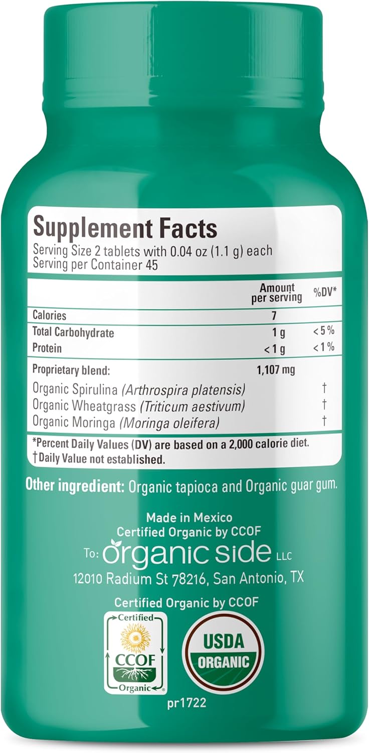 USDA Certified Organic Super Greens Tablets with Spirulina, Wheatgrass, and Moringa - 90 Tablets, 1100mg - Rich in Vitamins and Minerals - Non-GMO, Vegan Friendly
