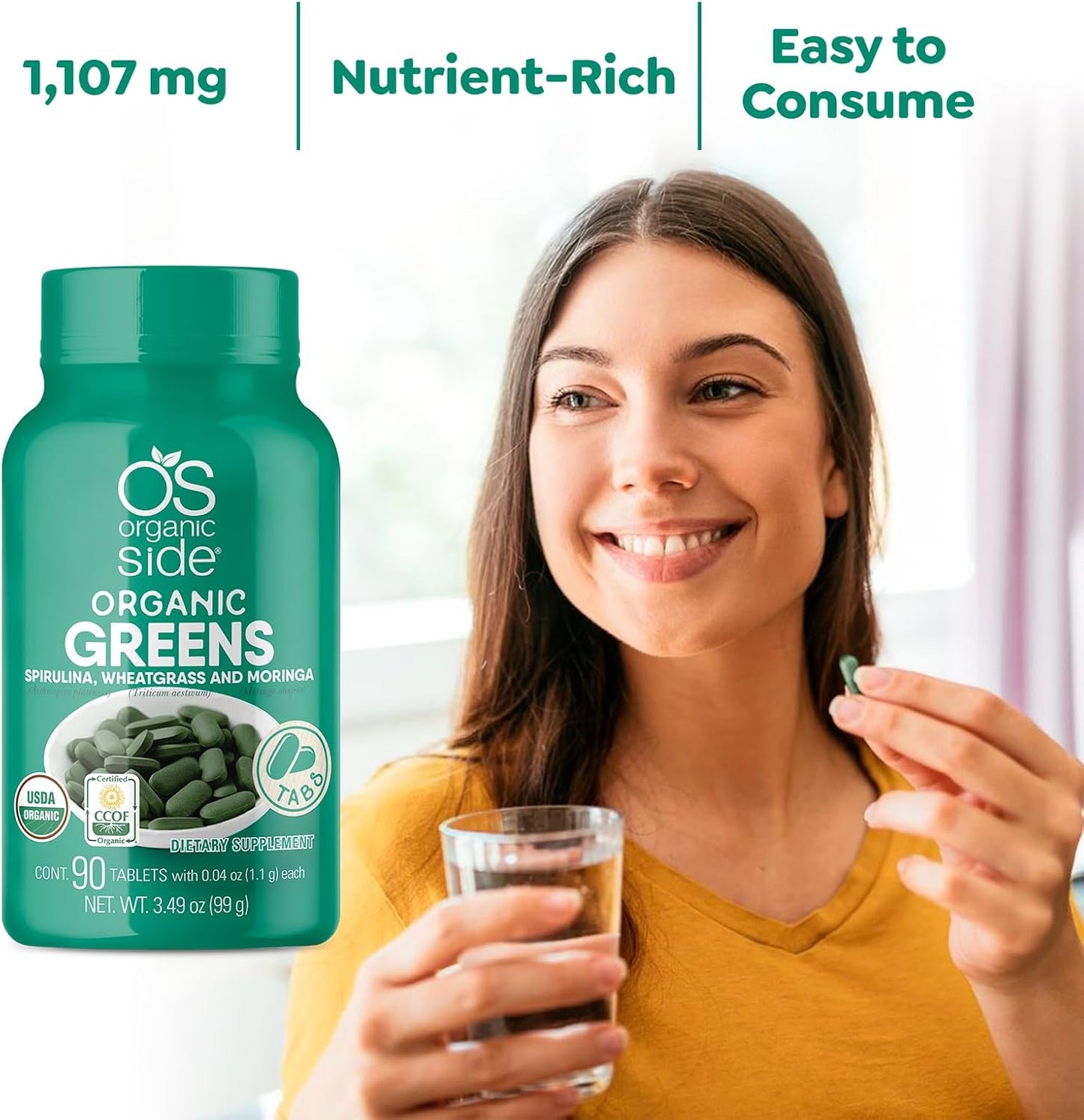USDA Certified Organic Super Greens Tablets with Spirulina, Wheatgrass, and Moringa - 90 Tablets, 1100mg - Rich in Vitamins and Minerals - Non-GMO, Vegan Friendly