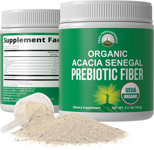 USDA Organic Acacia Senegal Prebiotic Fiber Powder for Gut Health - Plant Based Vegan Supplement with Digestive Enzymes - HSA/FSA Eligible