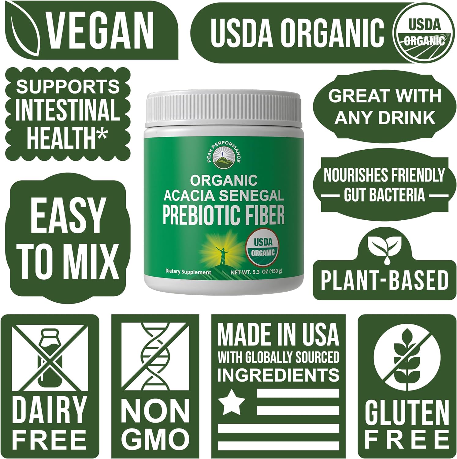 USDA Organic Acacia Senegal Prebiotic Fiber Powder for Gut Health - Plant Based Vegan Supplement with Digestive Enzymes - HSA/FSA Eligible