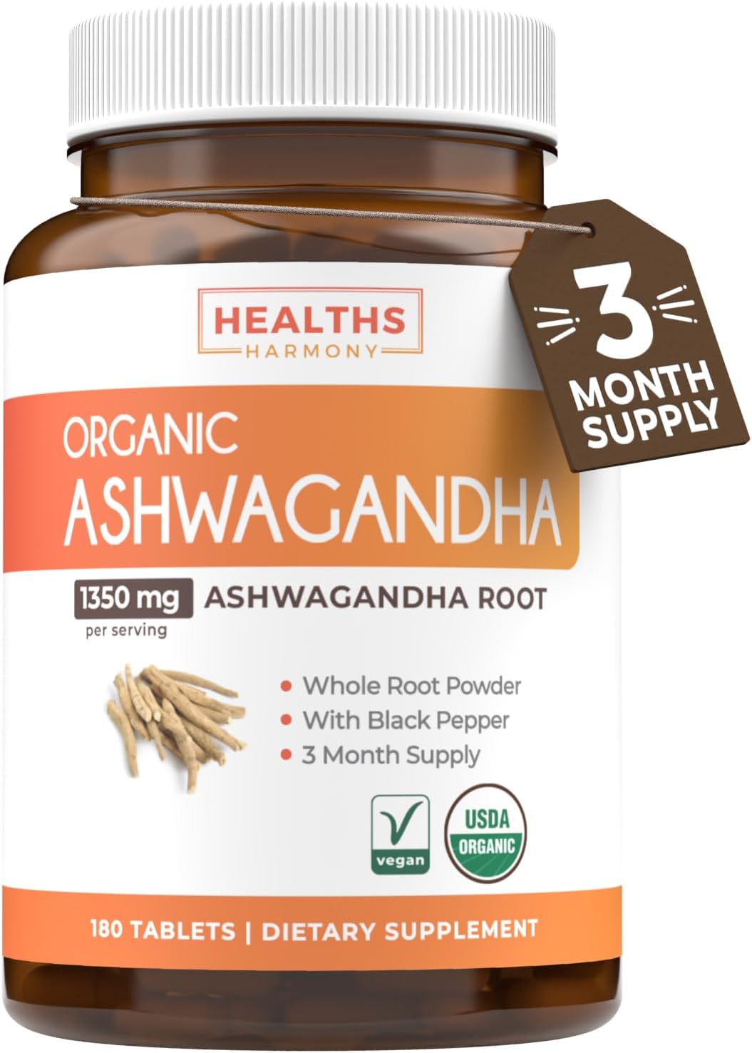 USDA Organic Ashwagandha Tablets (180 ct) - 1350mg Ashwagandha Root Powder with Black Pepper - Natural Adrenal, Cortisol, Thyroid & Immune Support - Vegetarian Friendly
